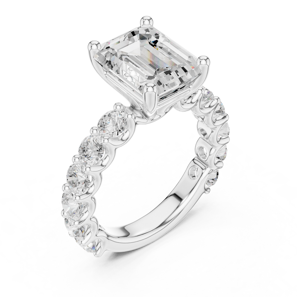 Emerald Cut Eternity Engagement Ring with Double Row Diamond Band