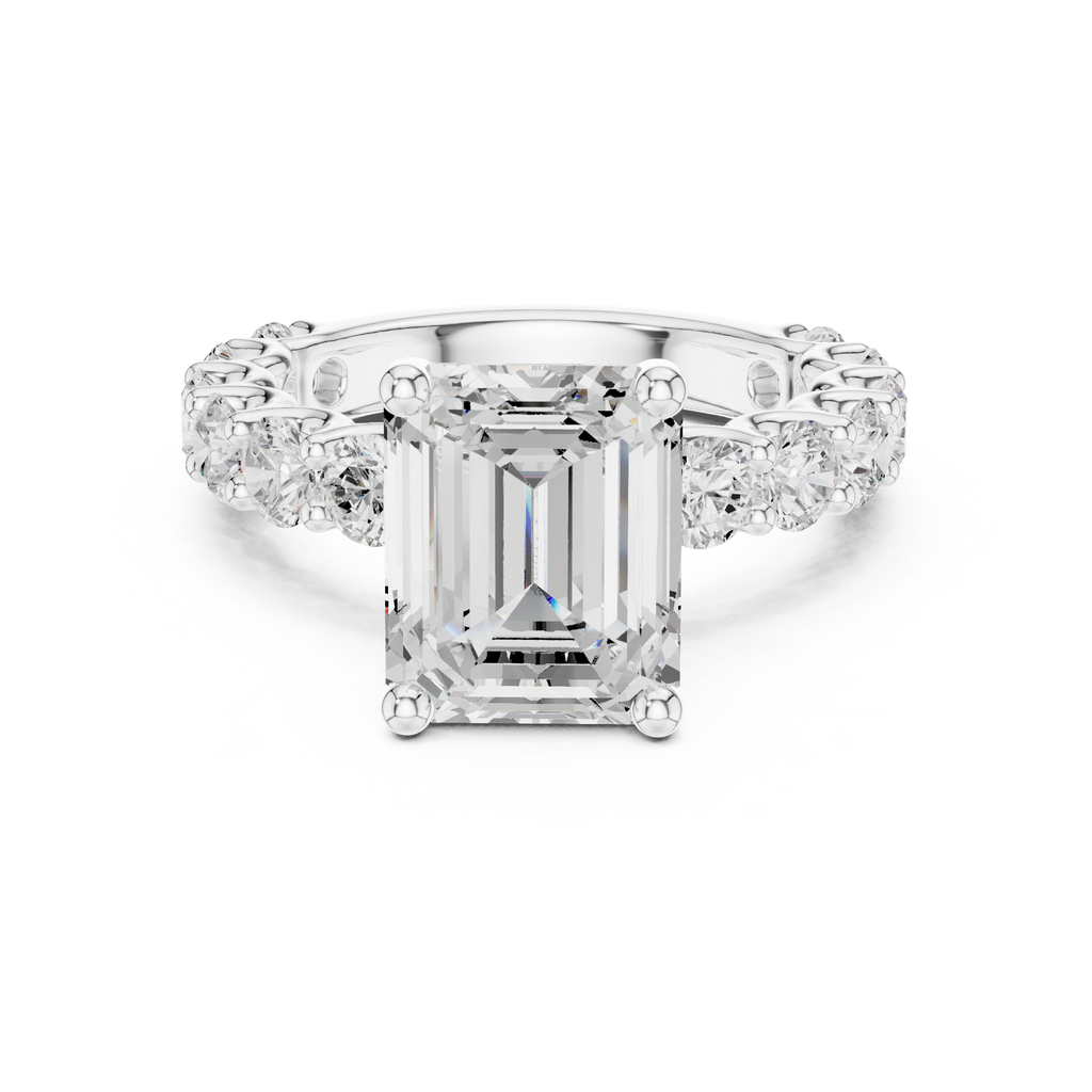 Emerald Cut Eternity Engagement Ring with Double Row Diamond Band