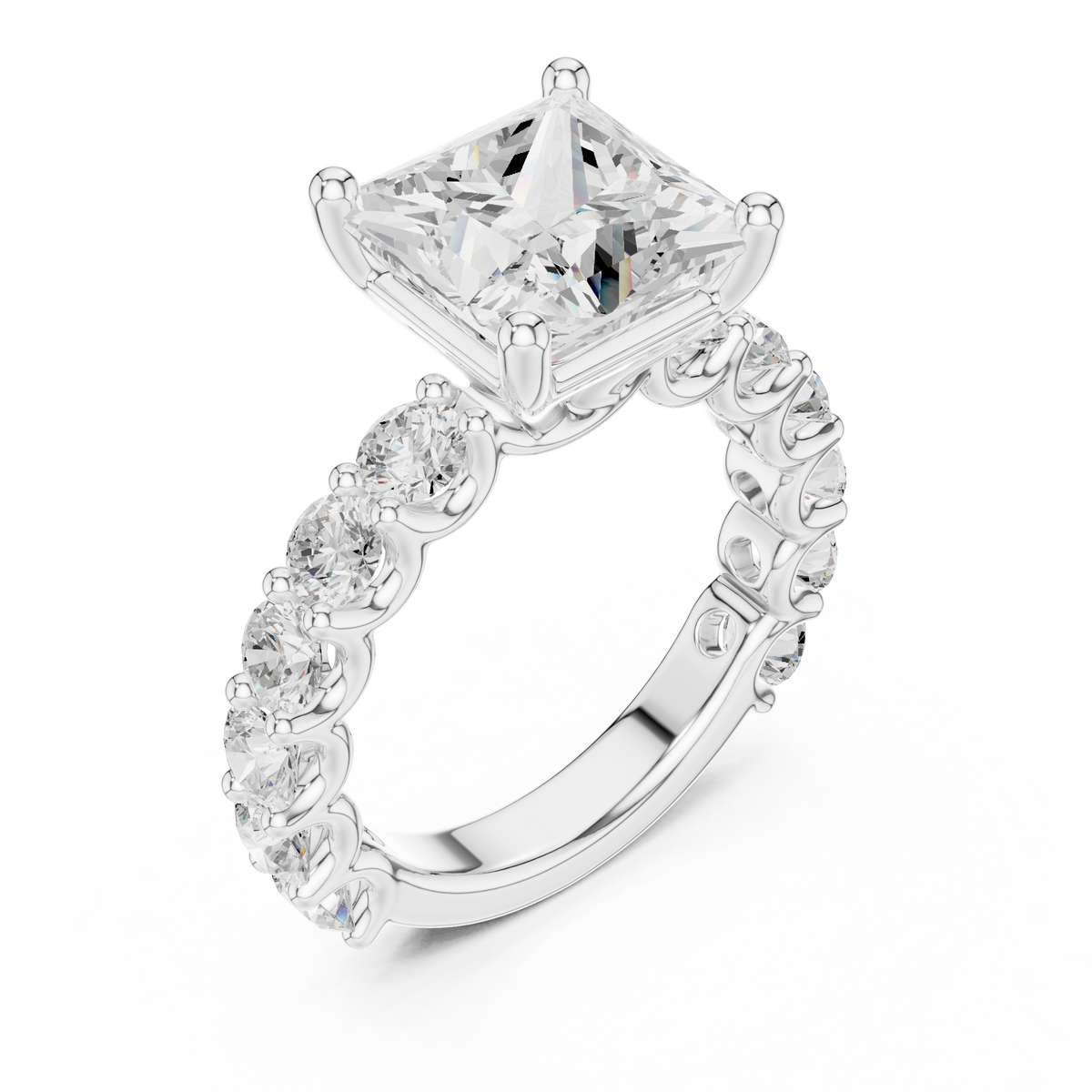 Princess Cut Diamond Eternity Engagement Ring with Shared Prong Band – view 3 of 12, lab grown diamond band | Jewelix Atelier