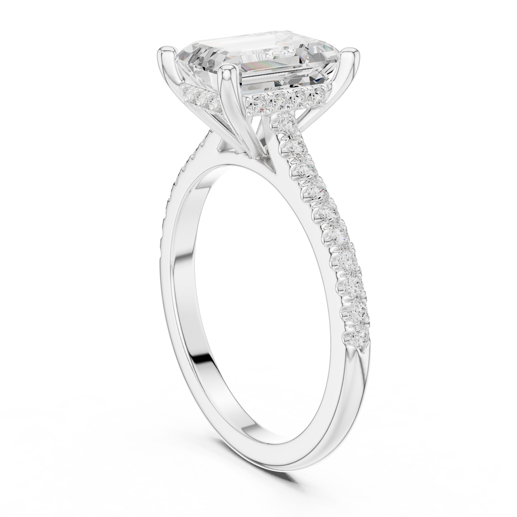 2.09 CT Emerald Cut Diamond Hidden Halo Pavé Engagement Ring