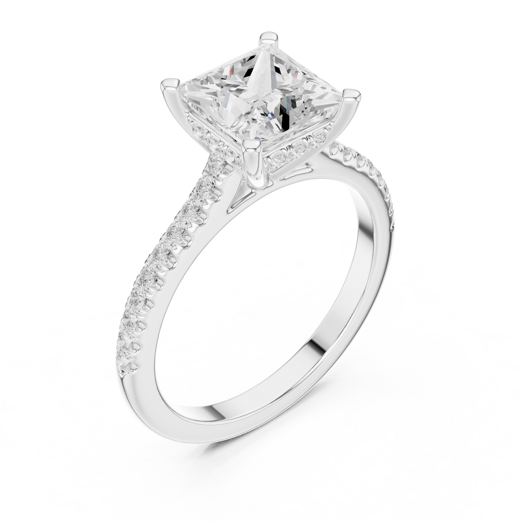 2.15 CT Princess Cut Diamond Cathedral Pavé Engagement Ring