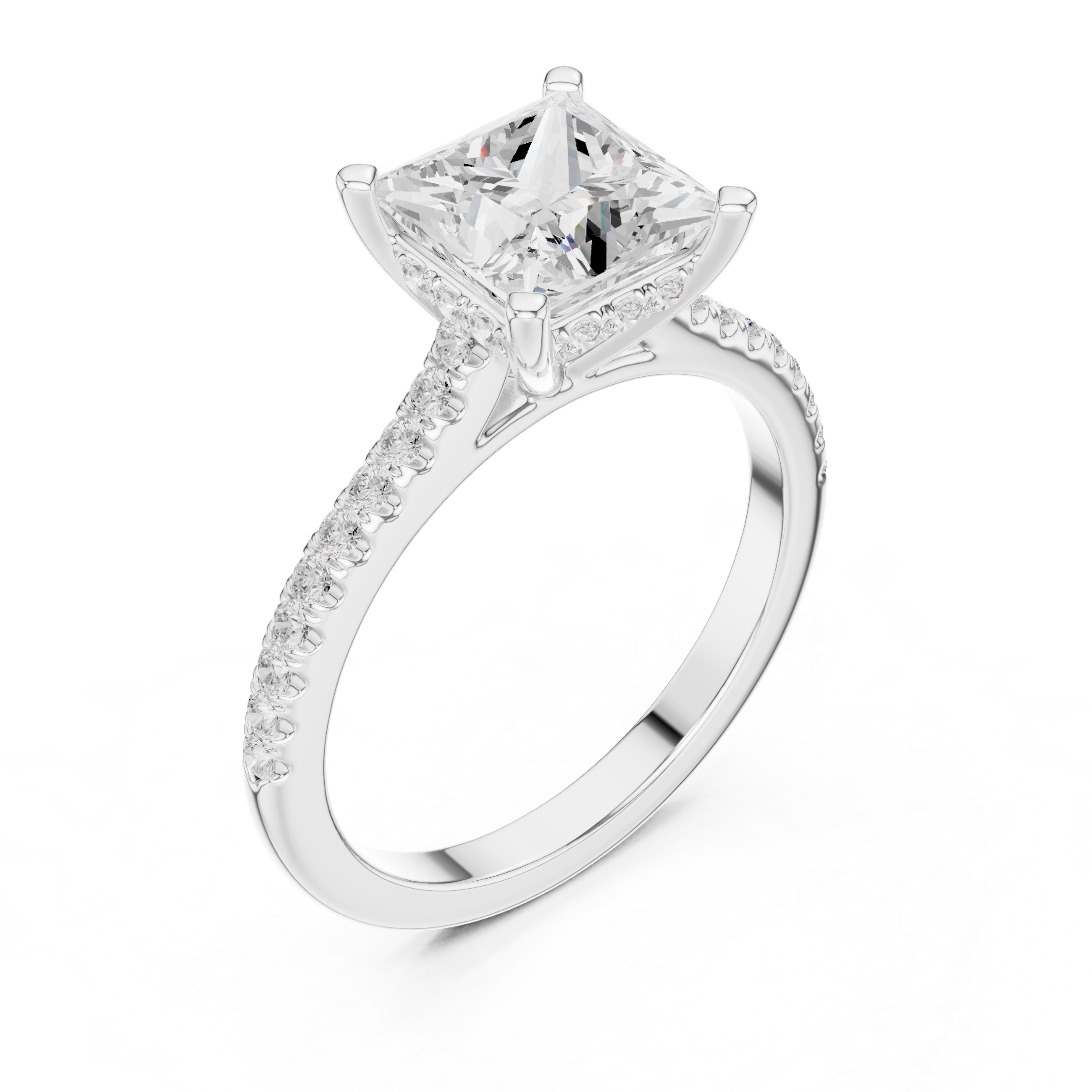 2.15 CT Princess Cut Diamond Cathedral Pavé Engagement Ring