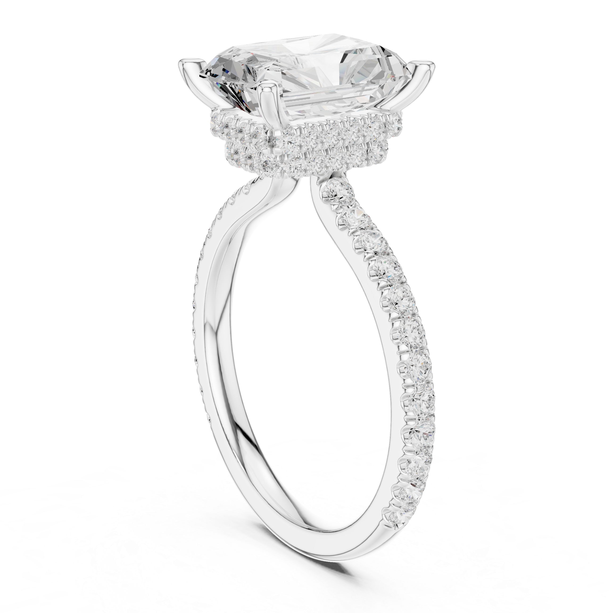 3.67 CT Radiant Cut Hidden Halo Diamond Engagement Ring with Pavé Band