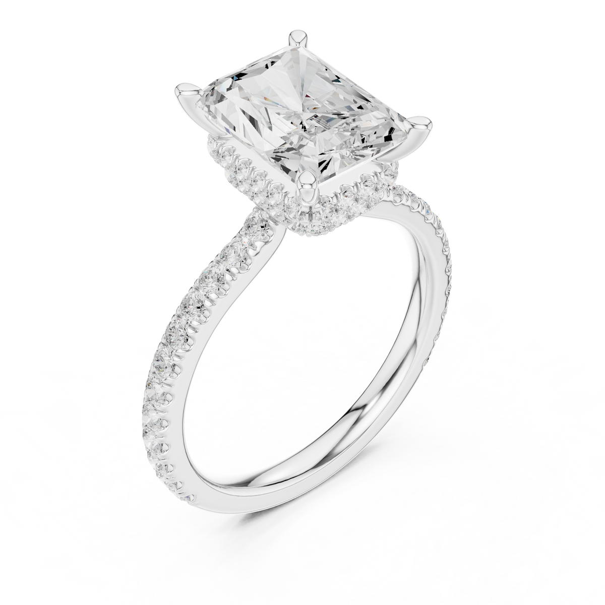 3.67 ct Radiant Cut Hidden Halo Diamond Engagement Ring with Pavé – view 3 of 12, lab grown diamond band | Jewelix Atelier
