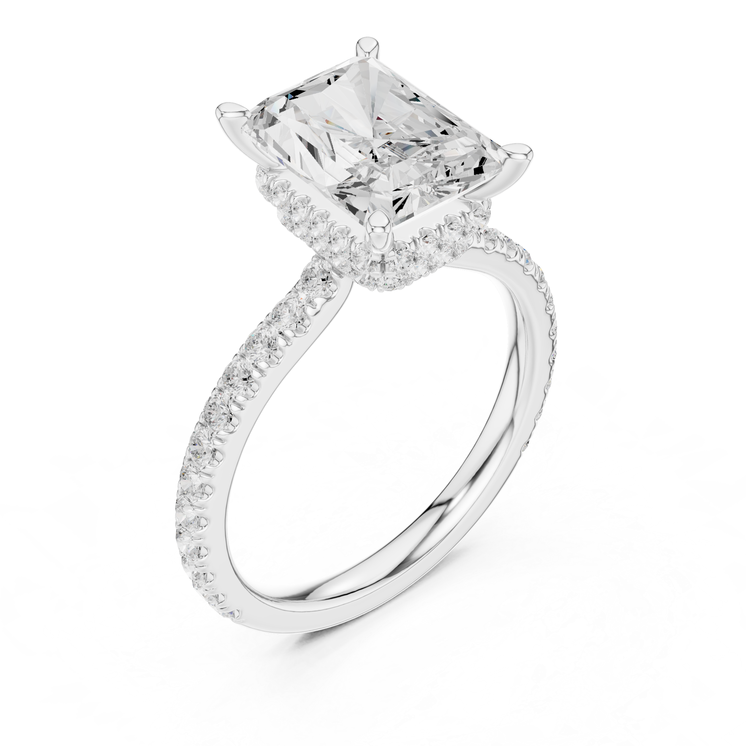 3.67 CT Radiant Cut Hidden Halo Diamond Engagement Ring with Pavé Band