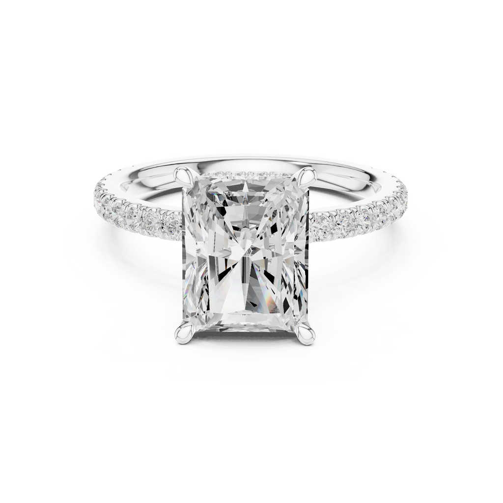 3.67 CT Radiant Cut Hidden Halo Diamond Engagement Ring with Pavé Band