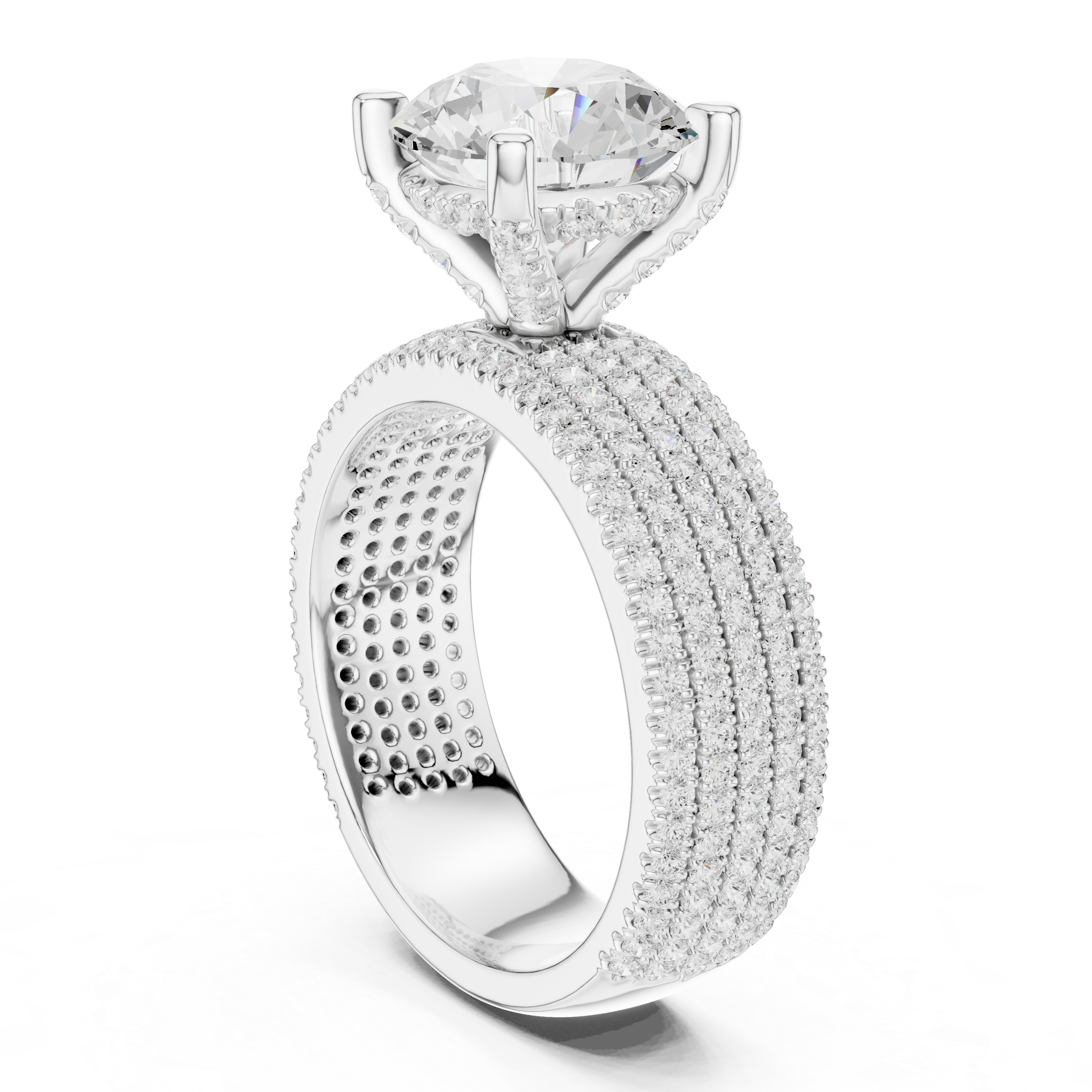 4.06 CT Round Brilliant Diamond Micro Pavé Engagement Ring with Wide Eternity Band