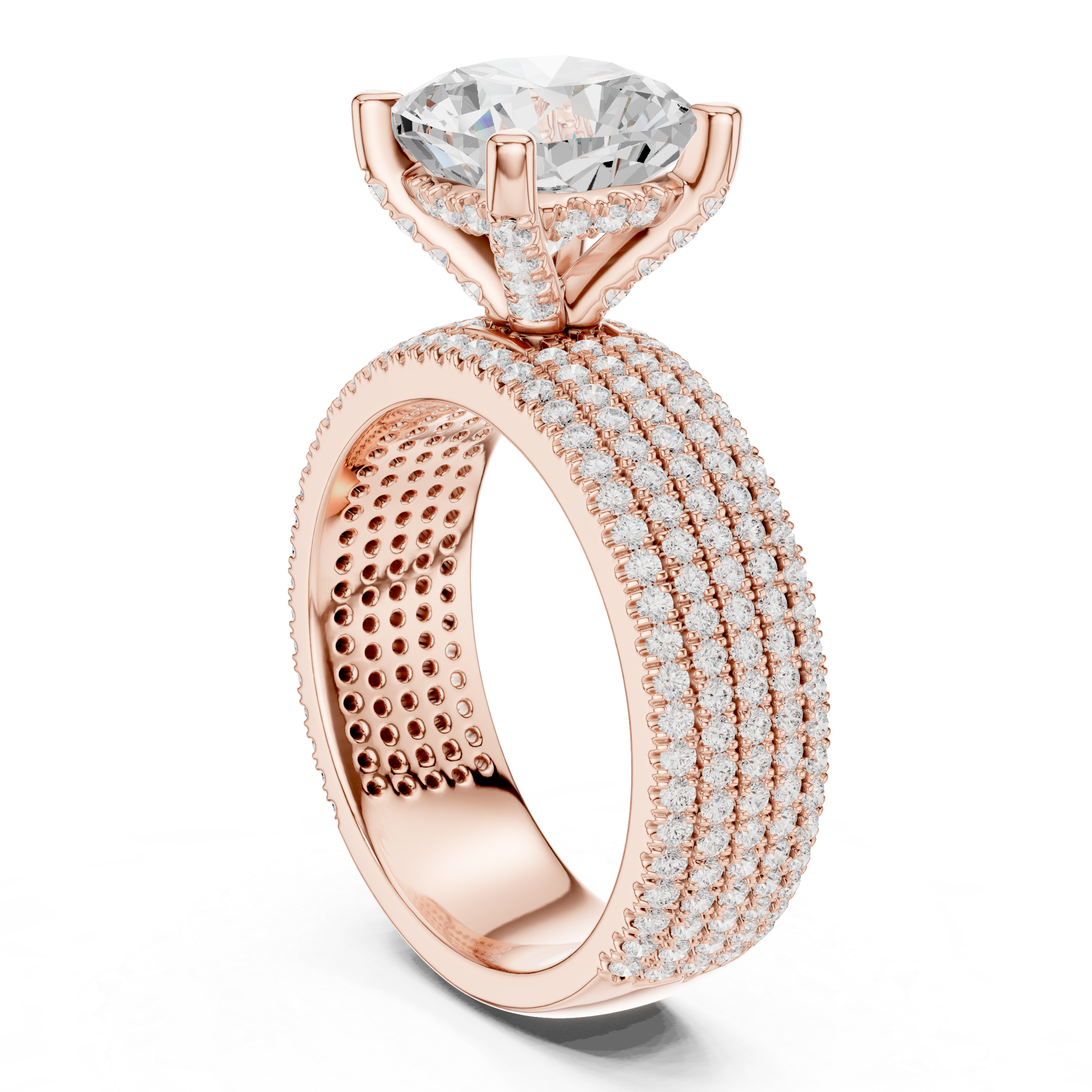3.81 CT Cushion Cut Diamond Micro Pavé Engagement Ring with Wide Diamond Band