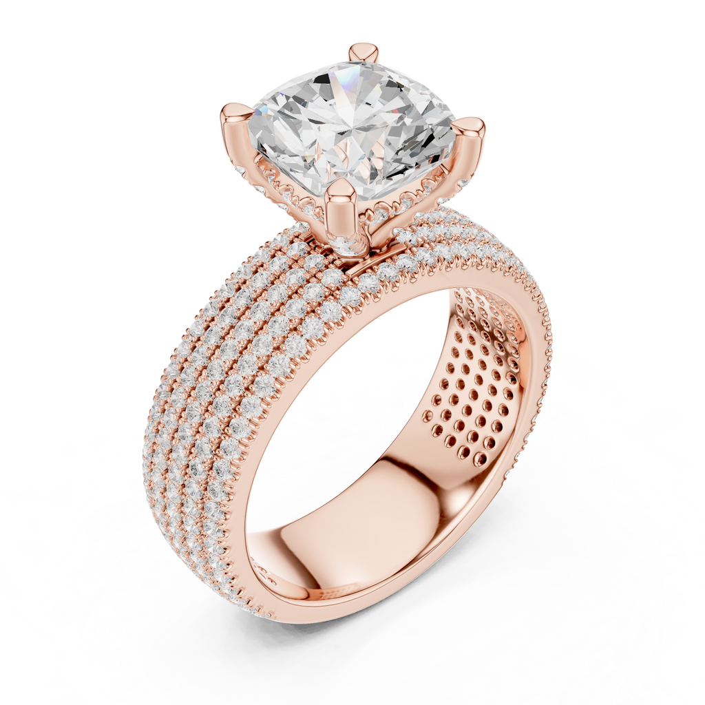 3.81 CT Cushion Cut Diamond Micro Pavé Engagement Ring with Wide Diamond Band