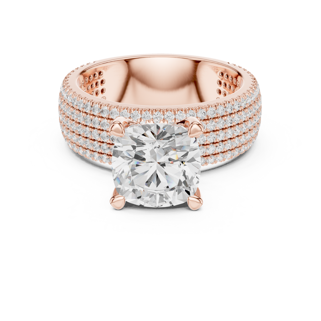 3.81 CT Cushion Cut Diamond Micro Pavé Engagement Ring with Wide Diamond Band