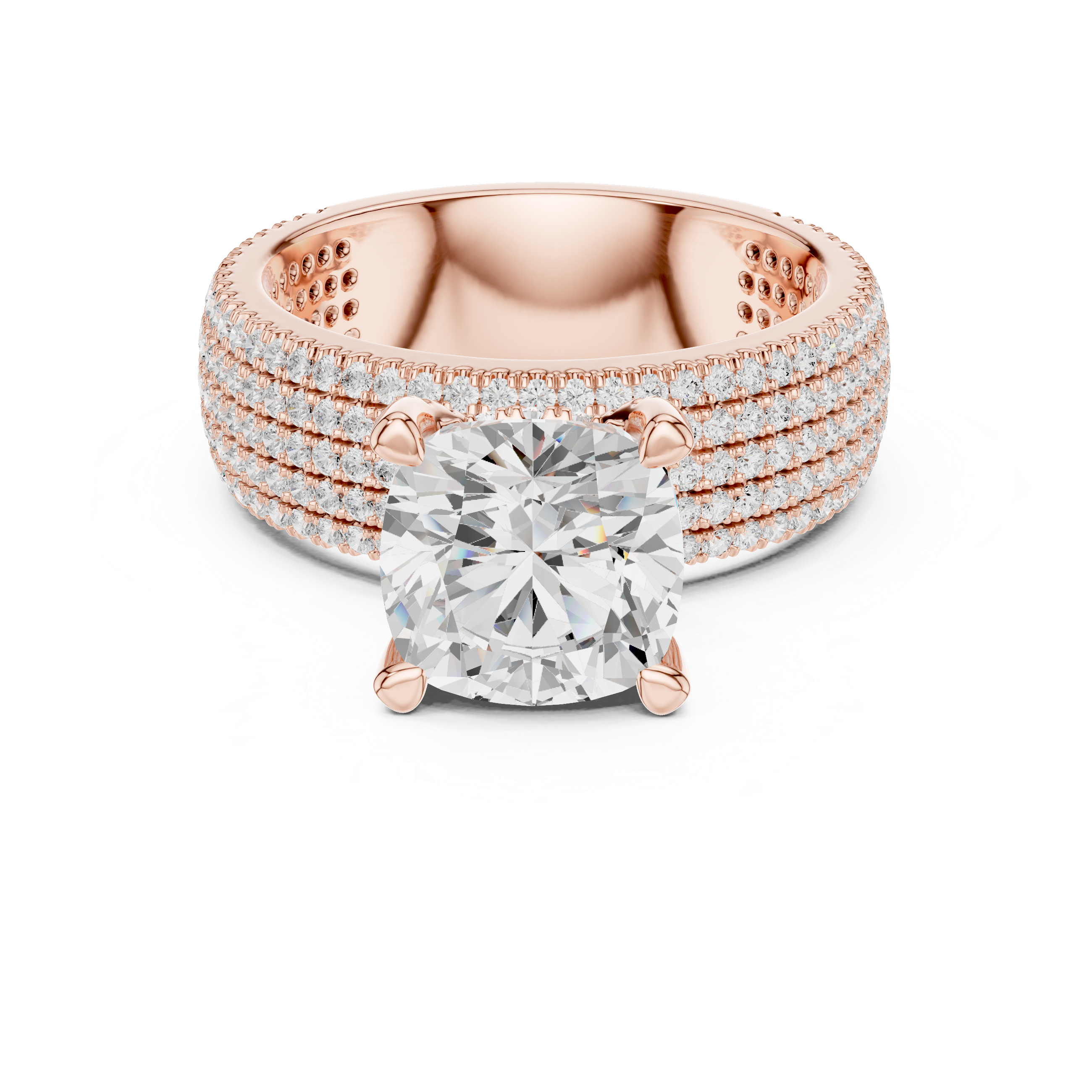 3.81 CT Cushion Cut Diamond Micro Pavé Engagement Ring with Wide Diamond Band