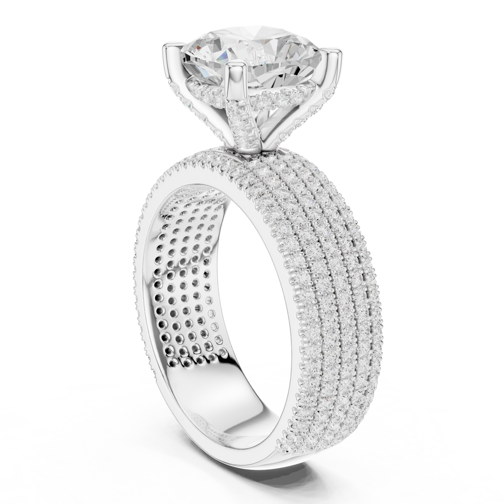 3.81 CT Cushion Cut Diamond Micro Pavé Engagement Ring with Wide Diamond Band