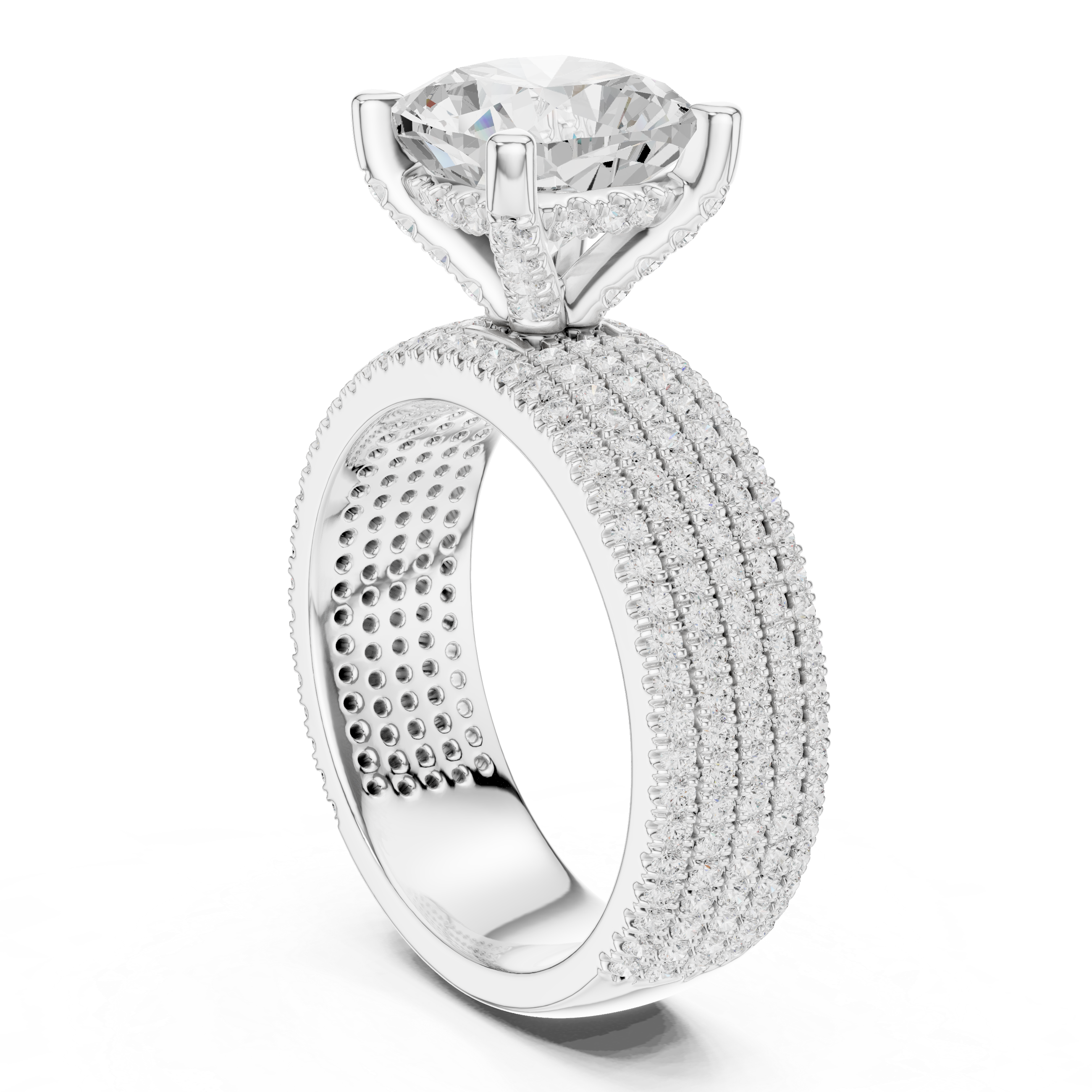 3.81 CT Cushion Cut Diamond Micro Pavé Engagement Ring with Wide Diamond Band