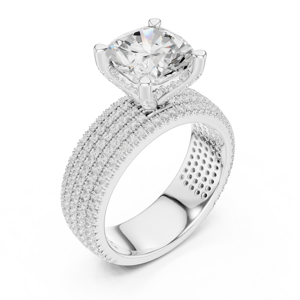 3.81 CT Cushion Cut Diamond Micro Pavé Engagement Ring with Wide Diamond Band