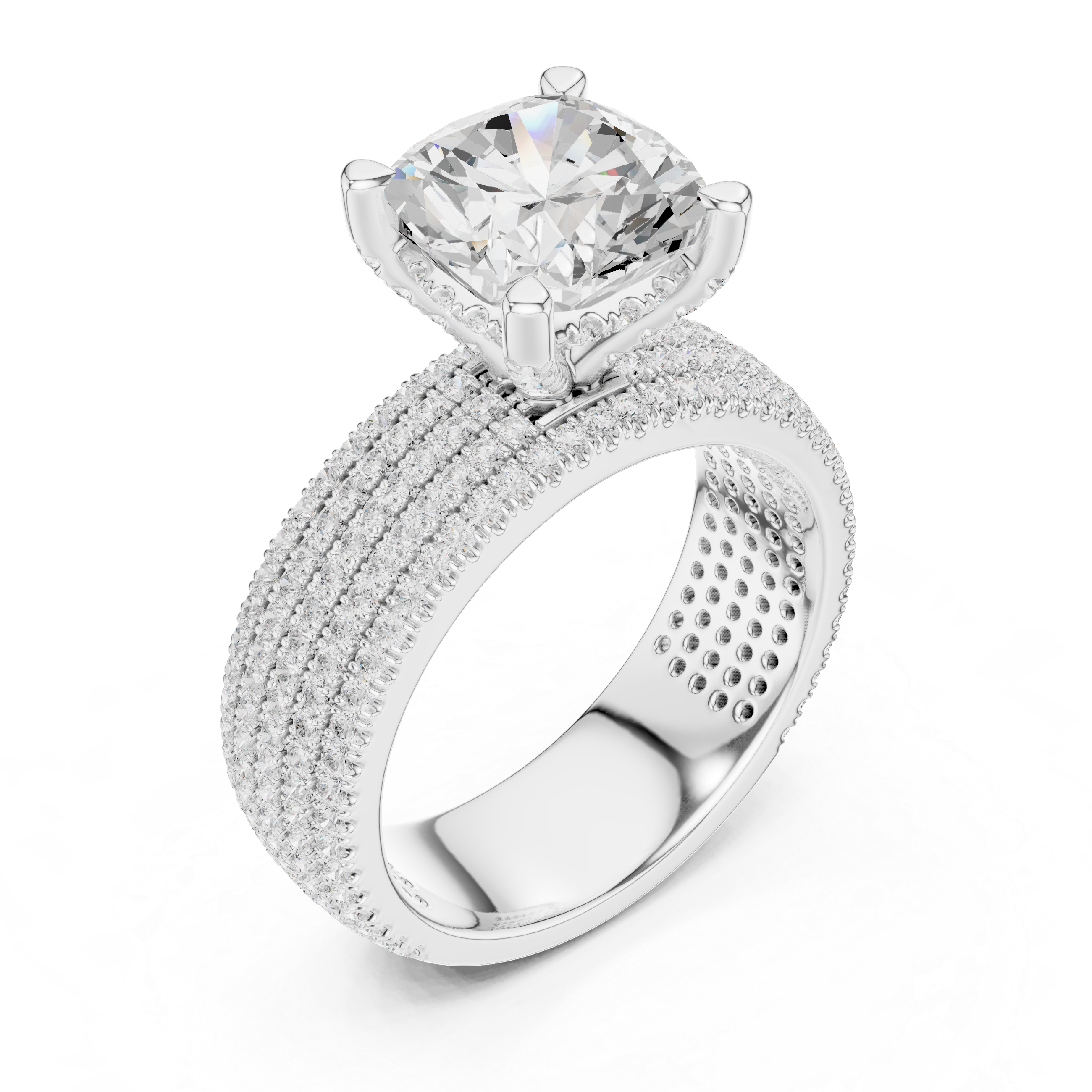 3.81 CT Cushion Cut Diamond Micro Pavé Engagement Ring with Wide Diamond Band