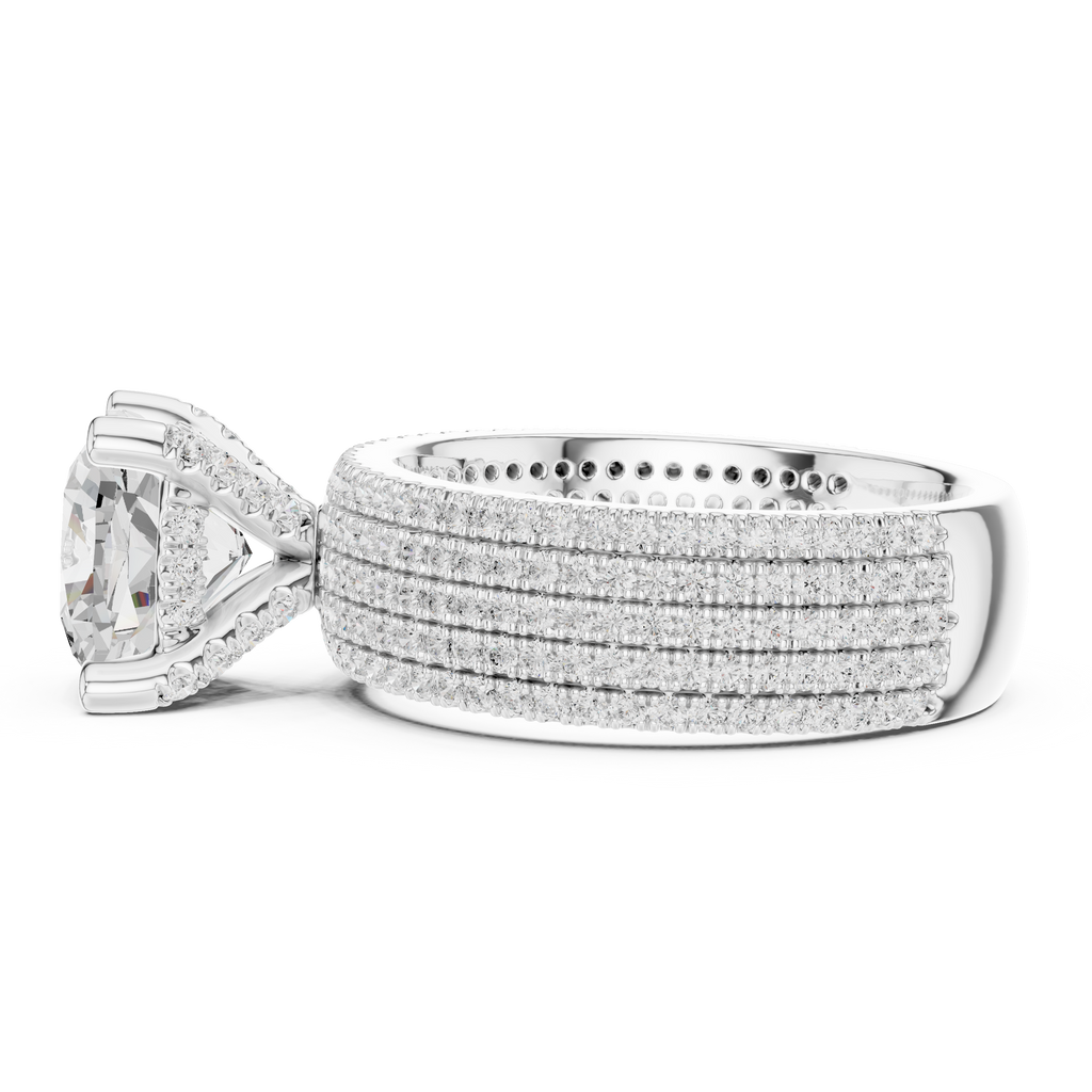 3.81 CT Cushion Cut Diamond Micro Pavé Engagement Ring with Wide Diamond Band