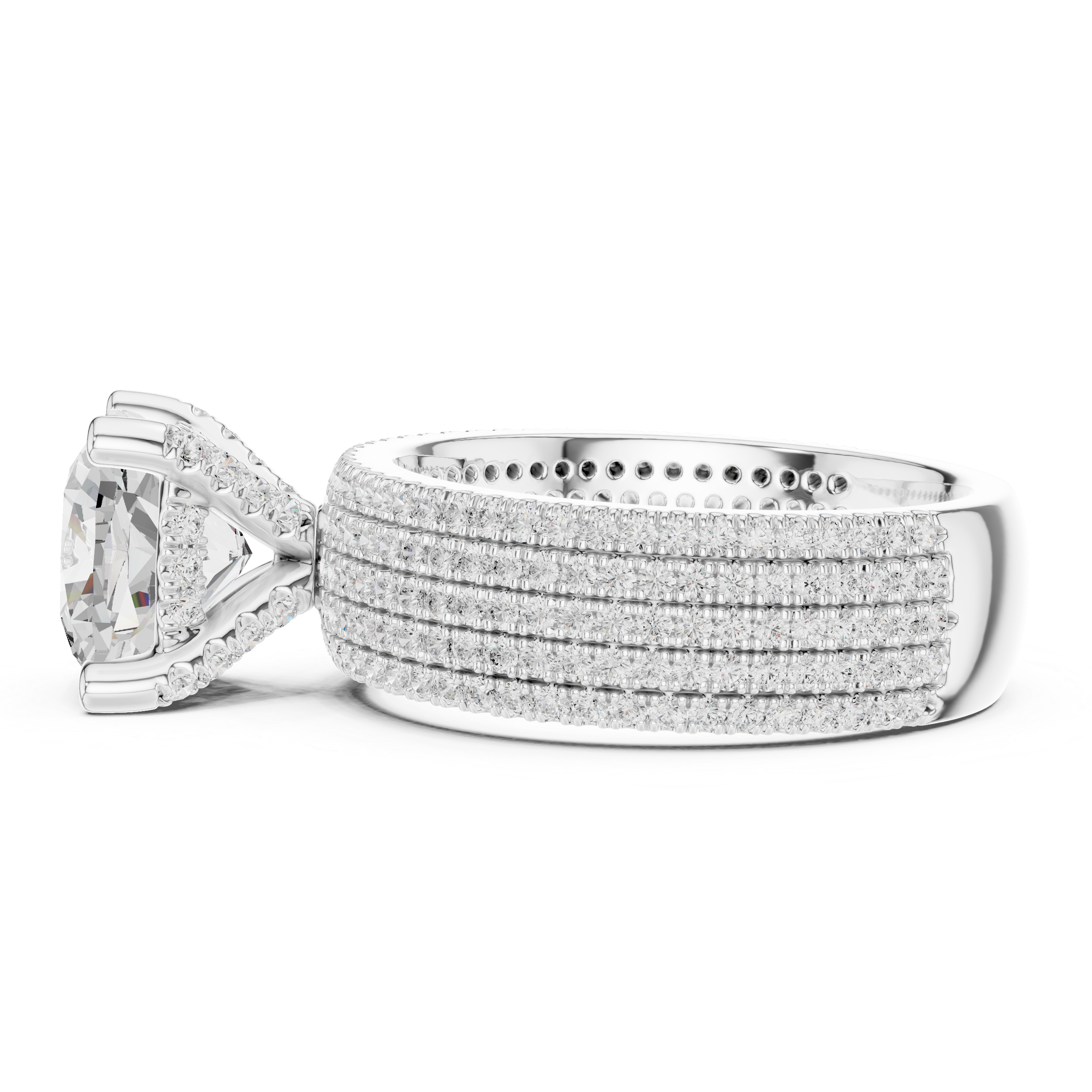 3.81 CT Cushion Cut Diamond Micro Pavé Engagement Ring with Wide Diamond Band