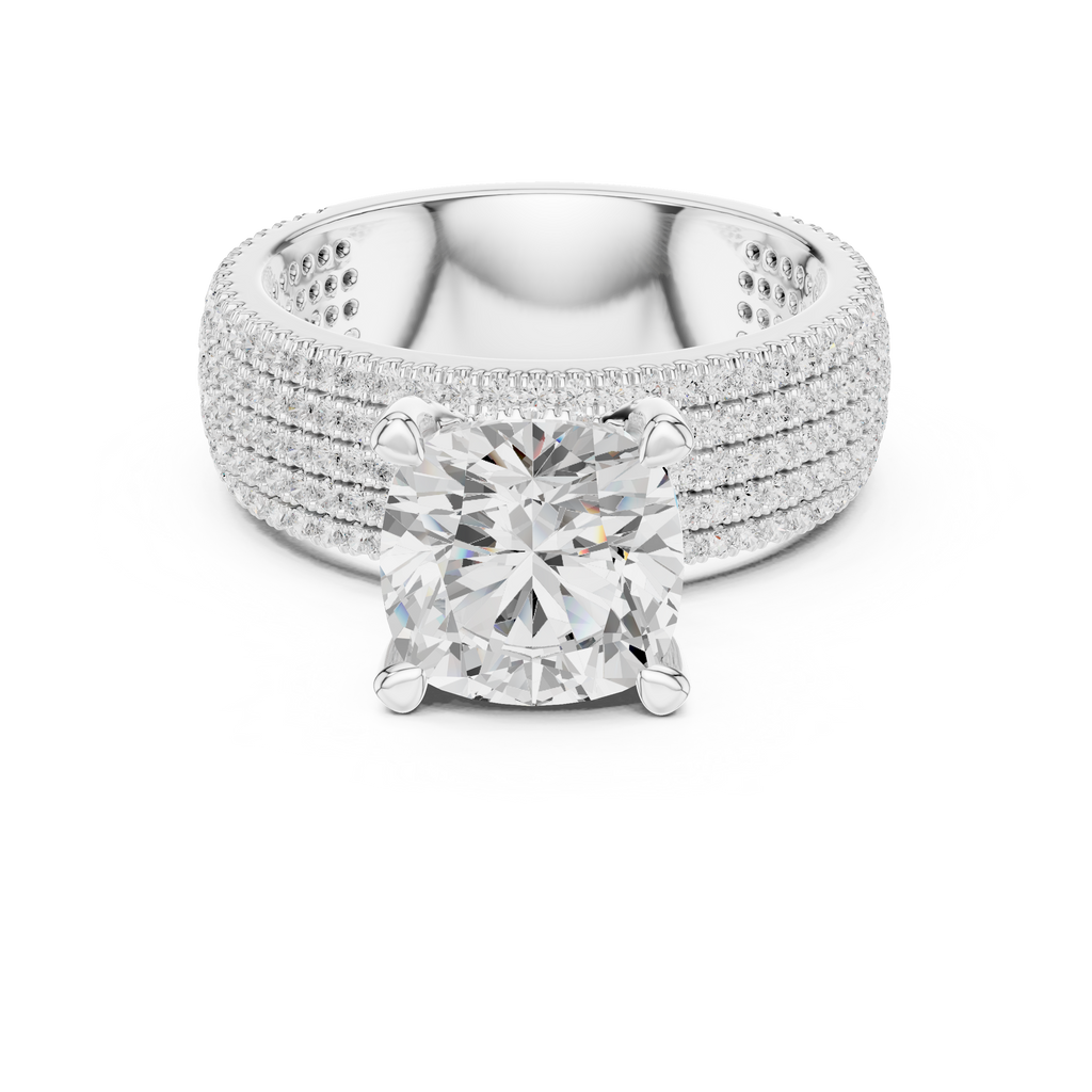3.81 CT Cushion Cut Diamond Micro Pavé Engagement Ring with Wide Diamond Band