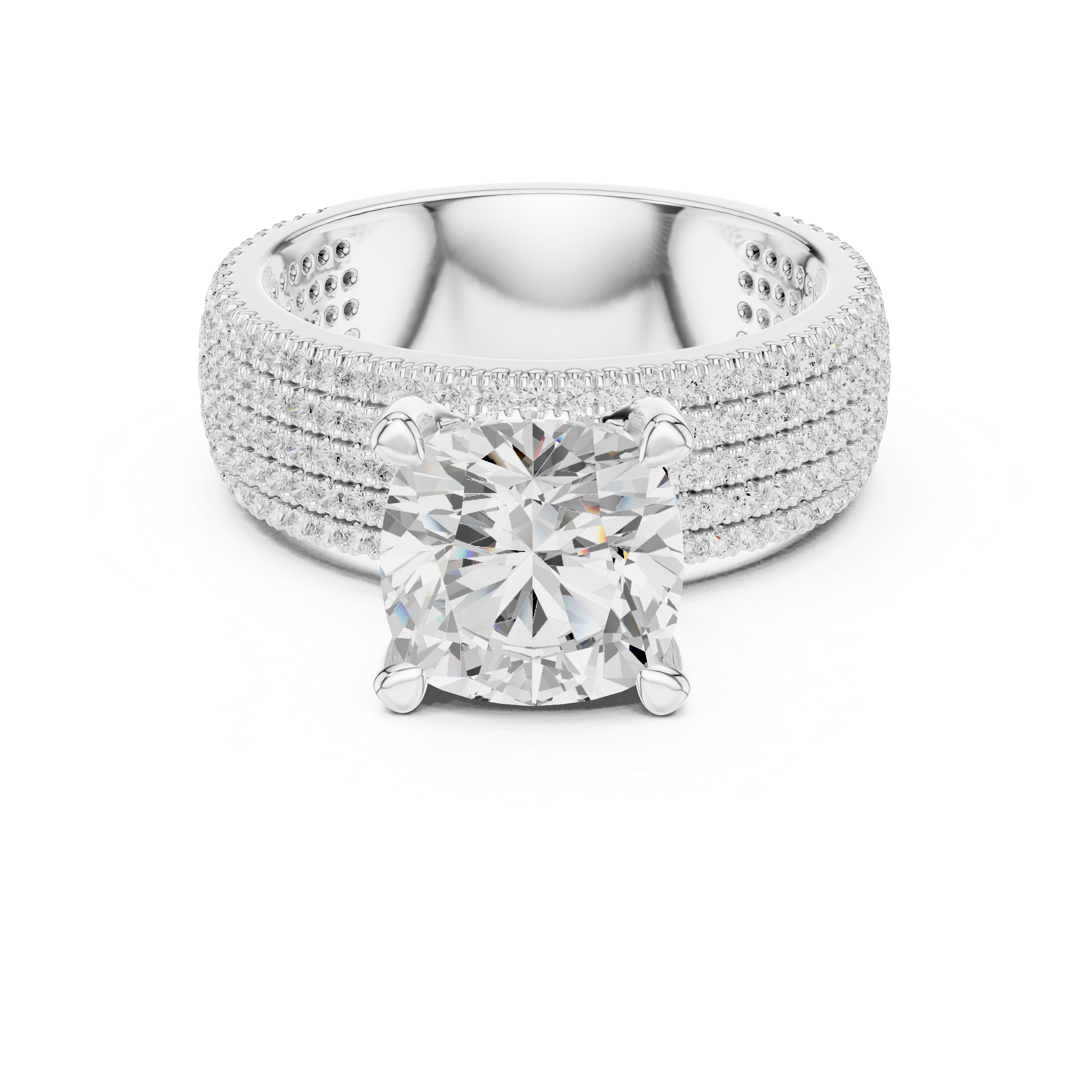 3.81 CT Cushion Cut Diamond Micro Pavé Engagement Ring with Wide Diamond Band