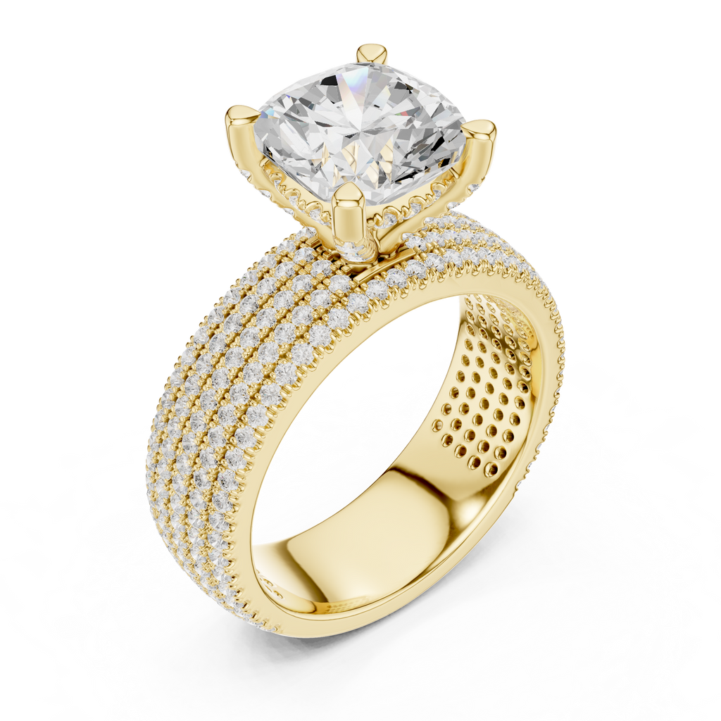 3.81 CT Cushion Cut Diamond Micro Pavé Engagement Ring with Wide Diamond Band