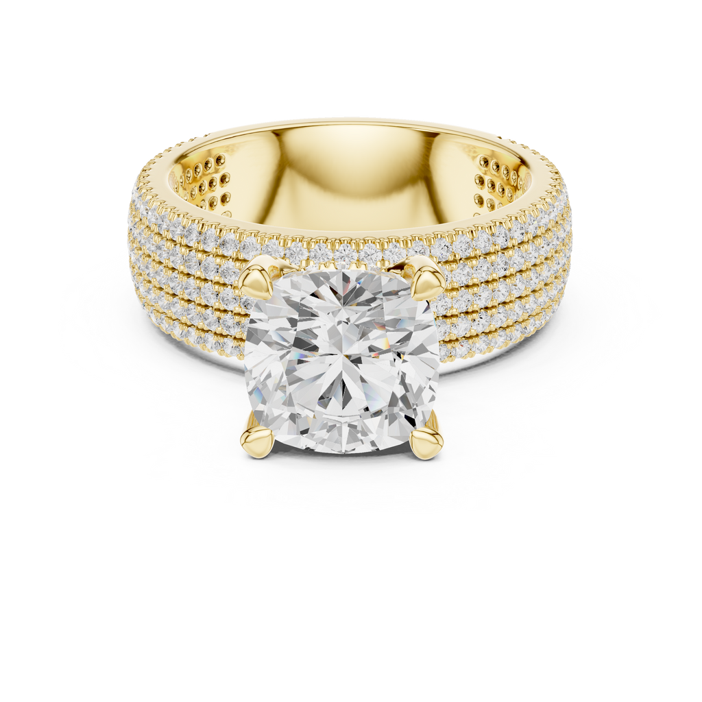 3.81 CT Cushion Cut Diamond Micro Pavé Engagement Ring with Wide Diamond Band