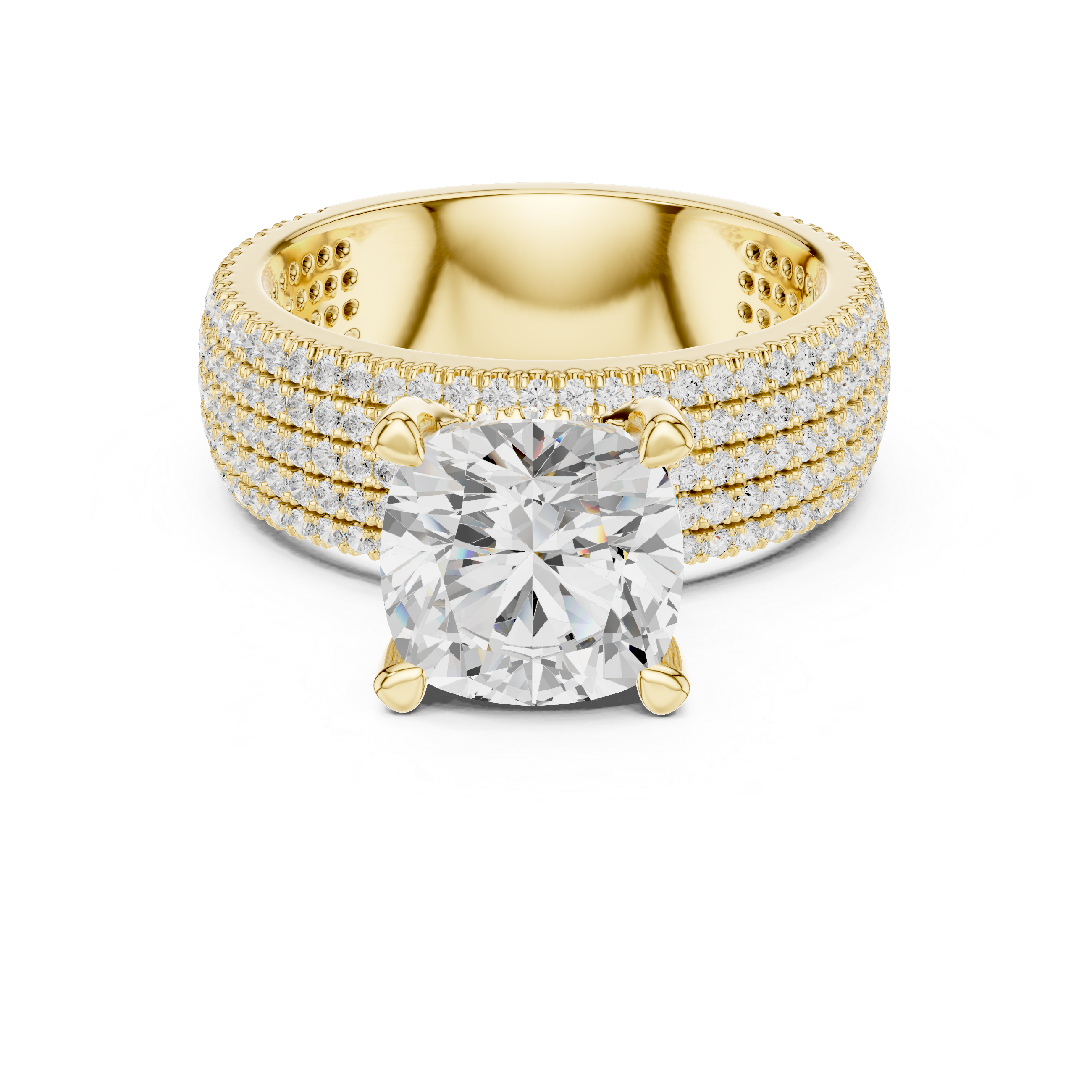 3.81 CT Cushion Cut Diamond Micro Pavé Engagement Ring with Wide Diamond Band