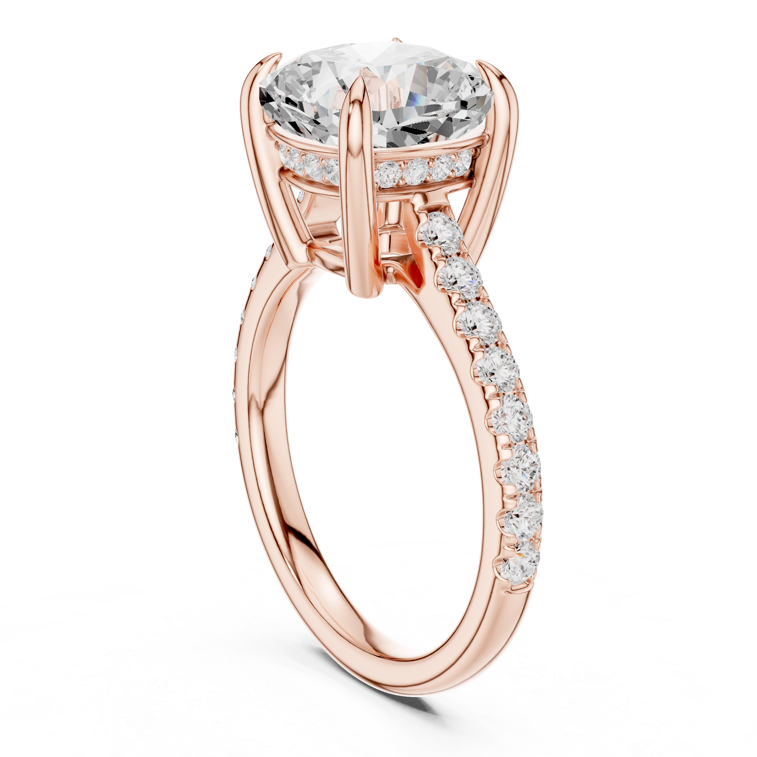 9.00 MM Cushion Cut Diamond Cathedral Engagement Ring with Pavé Band