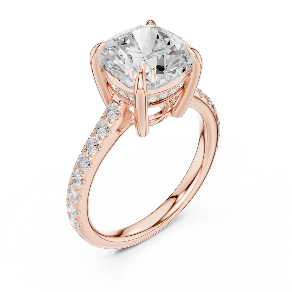 9.00 MM Cushion Cut Diamond Cathedral Engagement Ring with Pavé Band