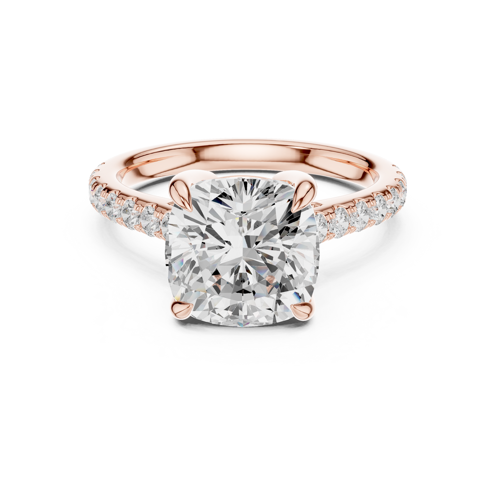 9.00 MM Cushion Cut Diamond Cathedral Engagement Ring with Pavé Band