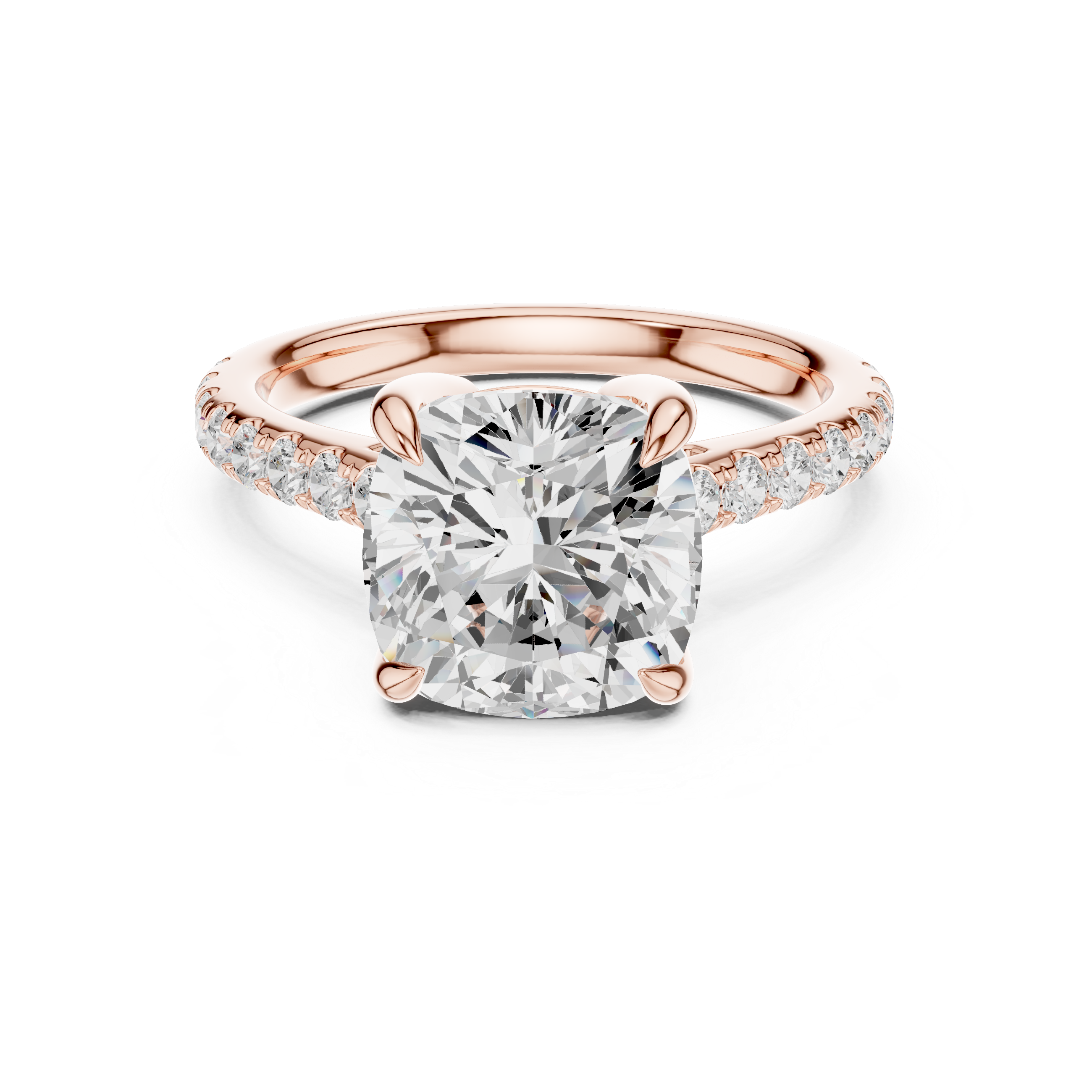 9.00 MM Cushion Cut Diamond Cathedral Engagement Ring with Pavé Band