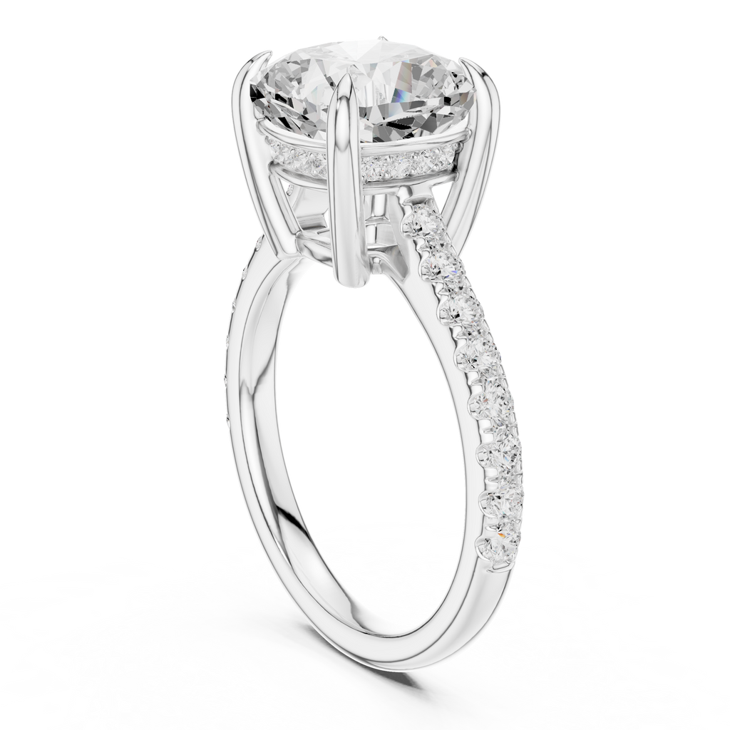 9.00 MM Cushion Cut Diamond Cathedral Engagement Ring with Pavé Band