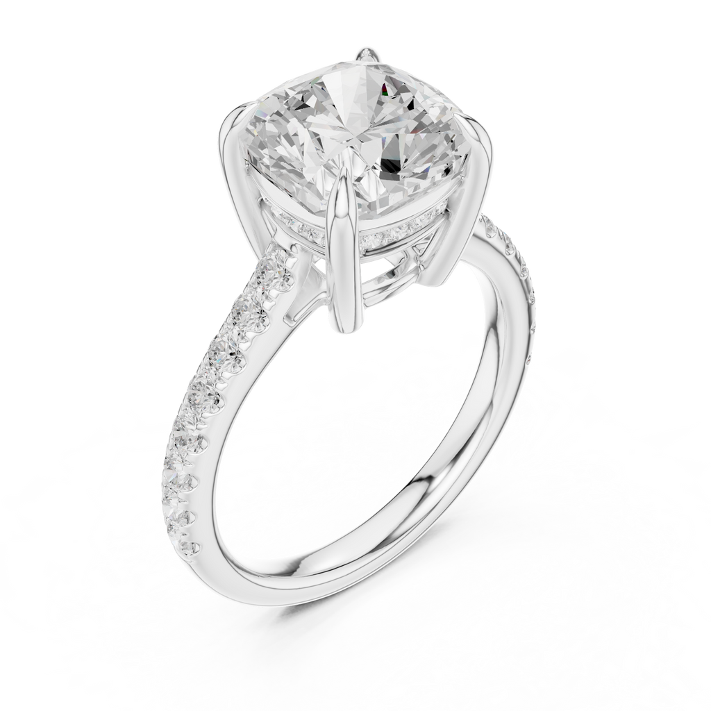 9.00 MM Cushion Cut Diamond Cathedral Engagement Ring with Pavé Band