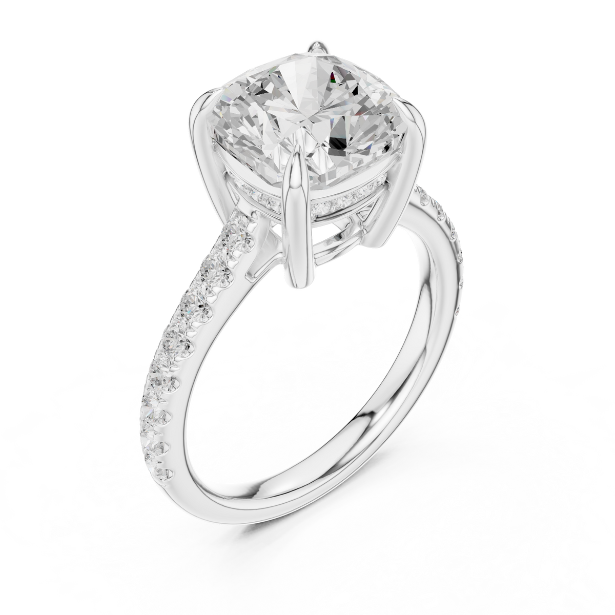 Cushion Cut Diamond Cathedral Engagement Ring with Pavé Band – view 3 of 12, lab grown diamond band | Jewelix Atelier