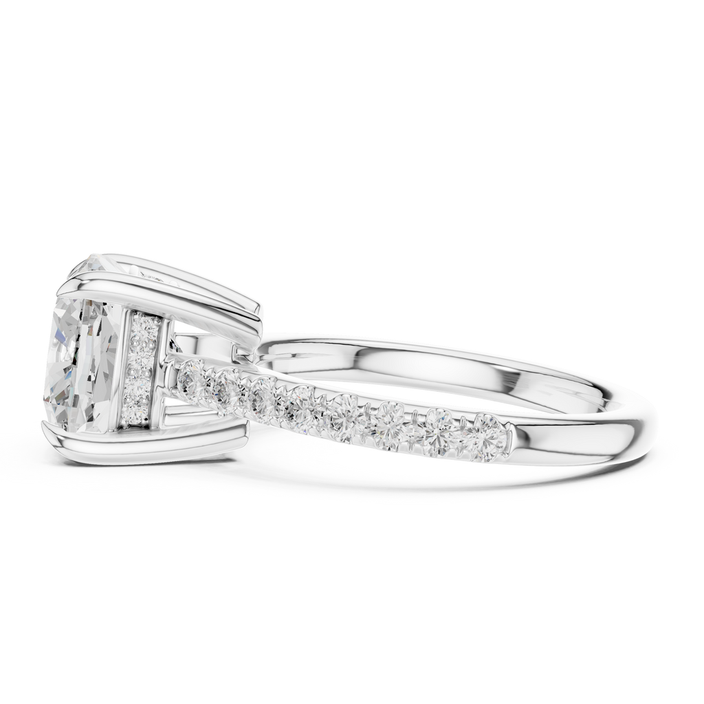 9.00 MM Cushion Cut Diamond Cathedral Engagement Ring with Pavé Band