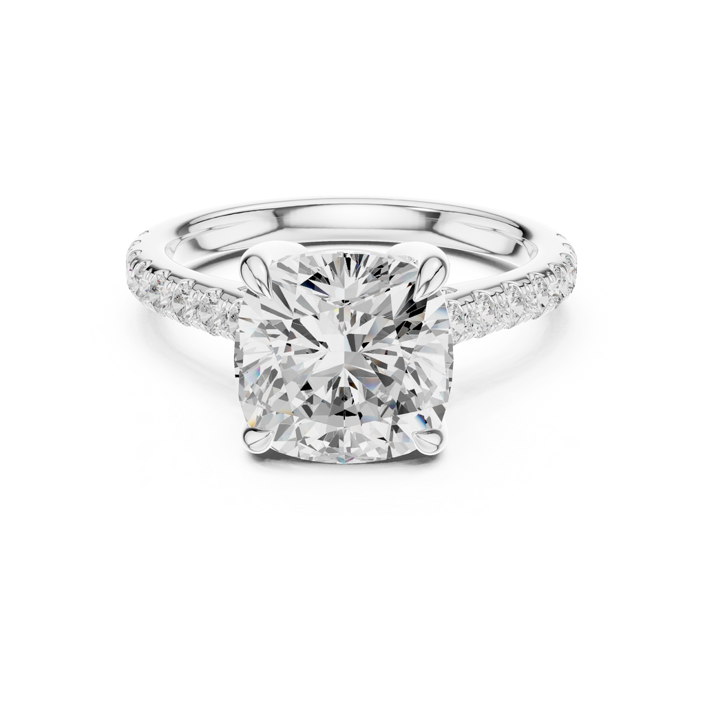 9.00 MM Cushion Cut Diamond Cathedral Engagement Ring with Pavé Band