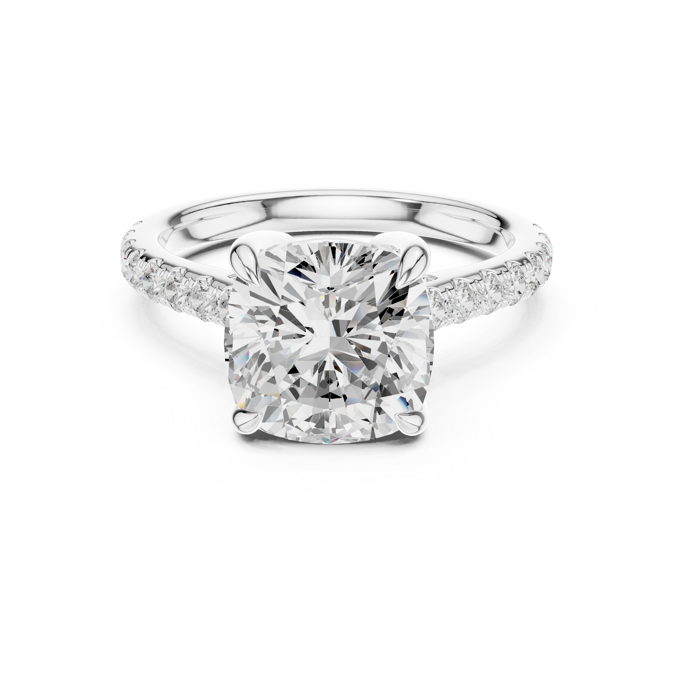 9.00 MM Cushion Cut Diamond Cathedral Engagement Ring with Pavé Band