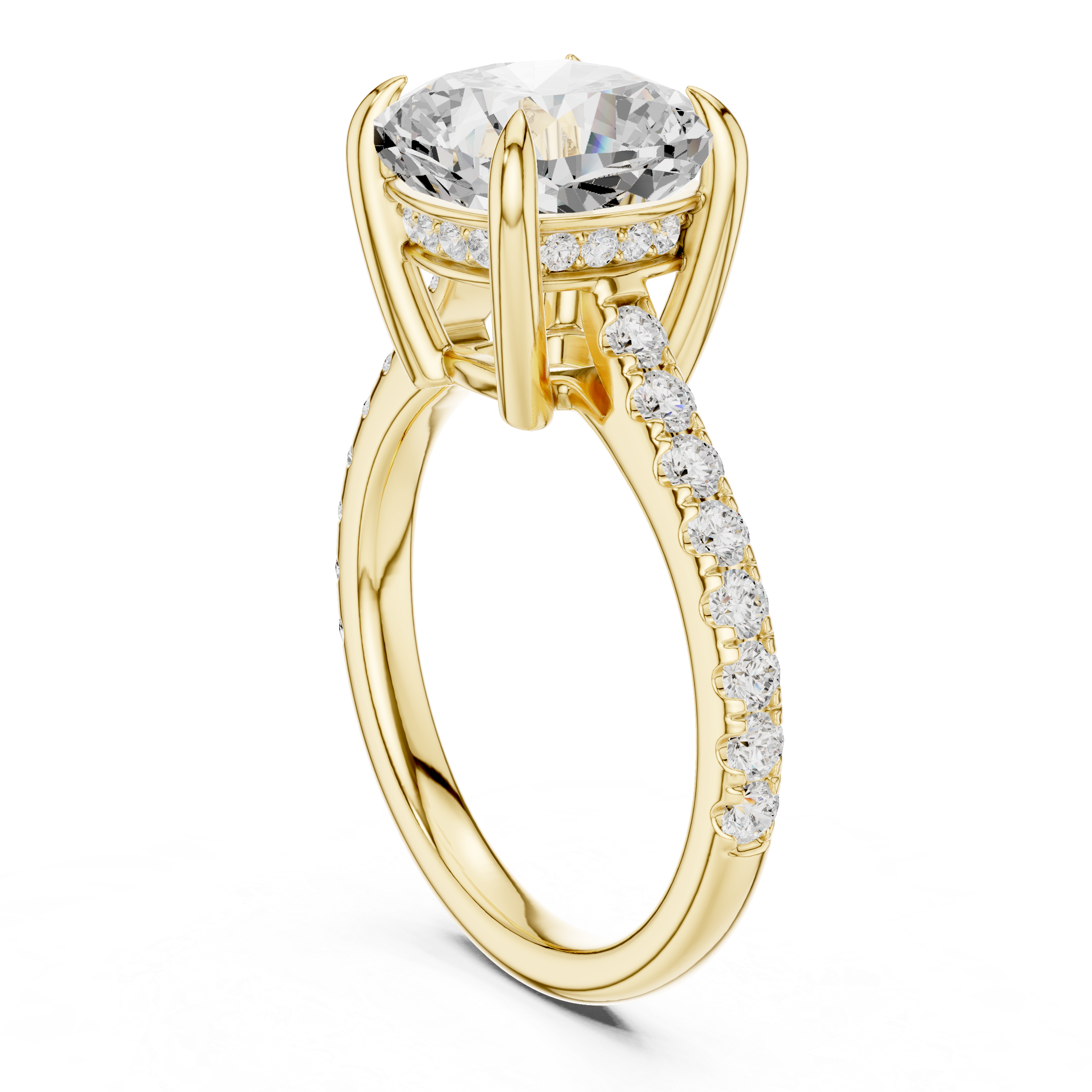 9.00 MM Cushion Cut Diamond Cathedral Engagement Ring with Pavé Band
