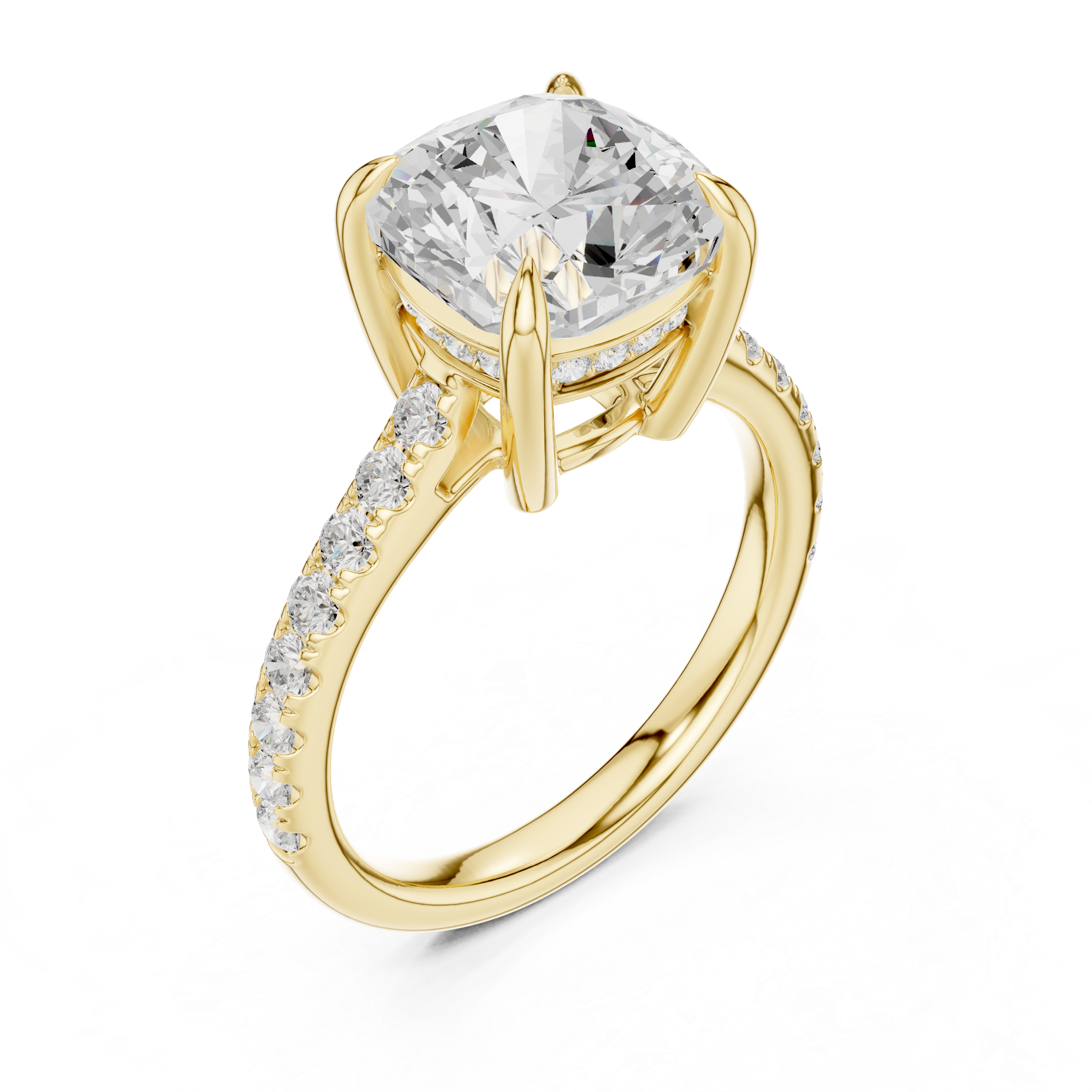 9.00 MM Cushion Cut Diamond Cathedral Engagement Ring with Pavé Band