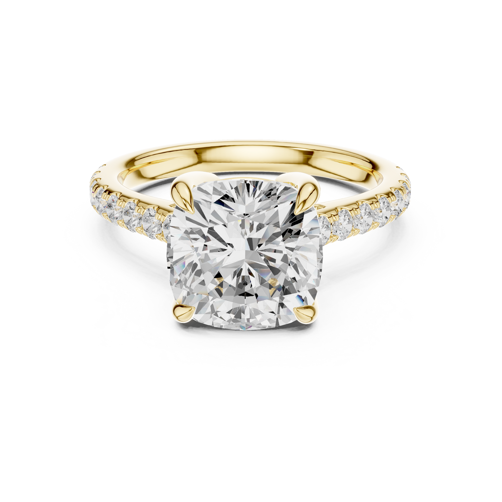 9.00 MM Cushion Cut Diamond Cathedral Engagement Ring with Pavé Band