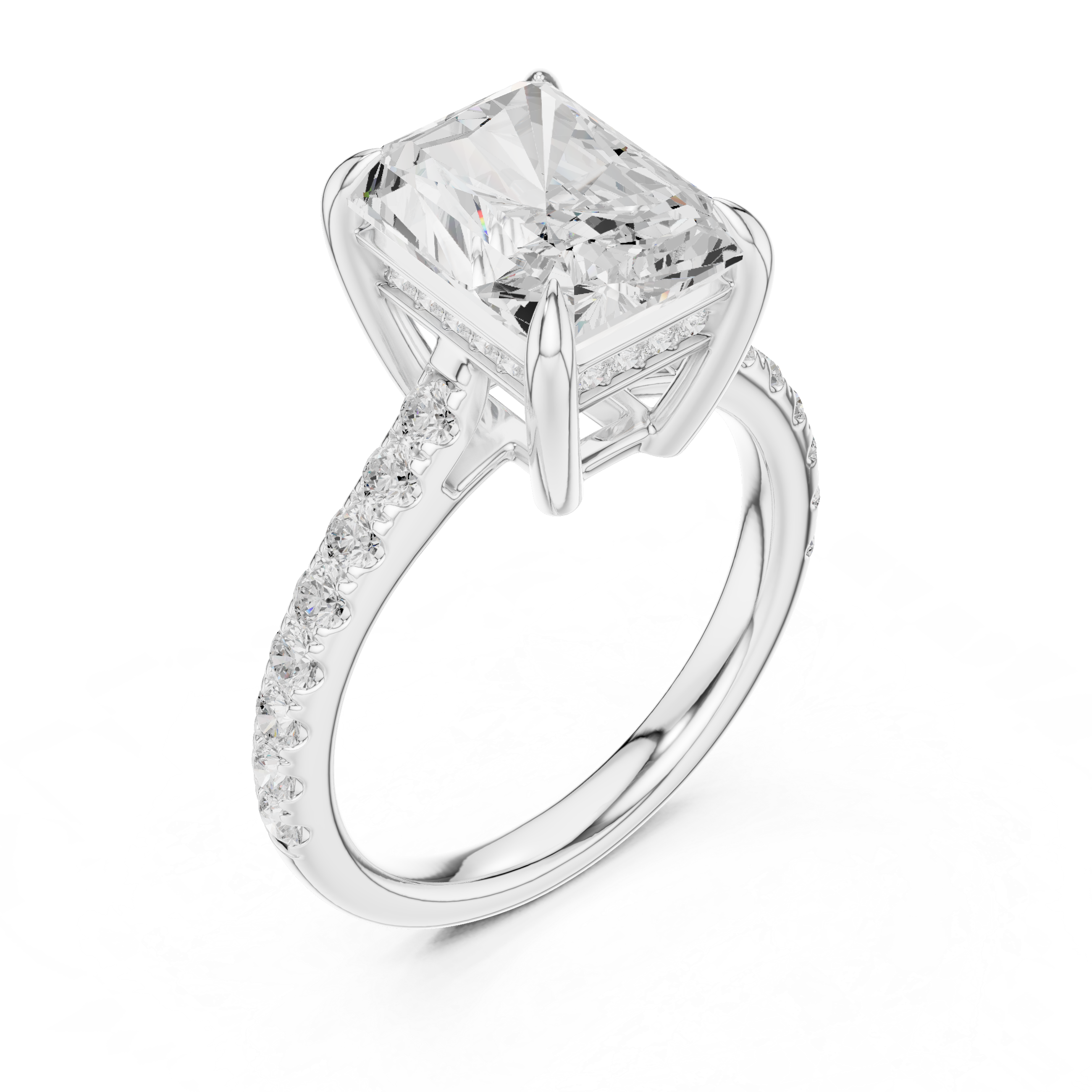 5.19 CT Radiant Cut Diamond Cathedral Engagement Ring with Pavé Diamond Band