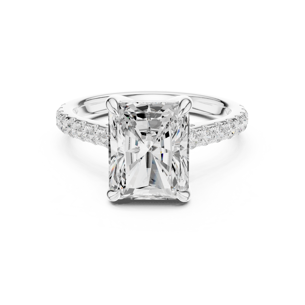 5.19 CT Radiant Cut Diamond Cathedral Engagement Ring with Pavé Diamond Band