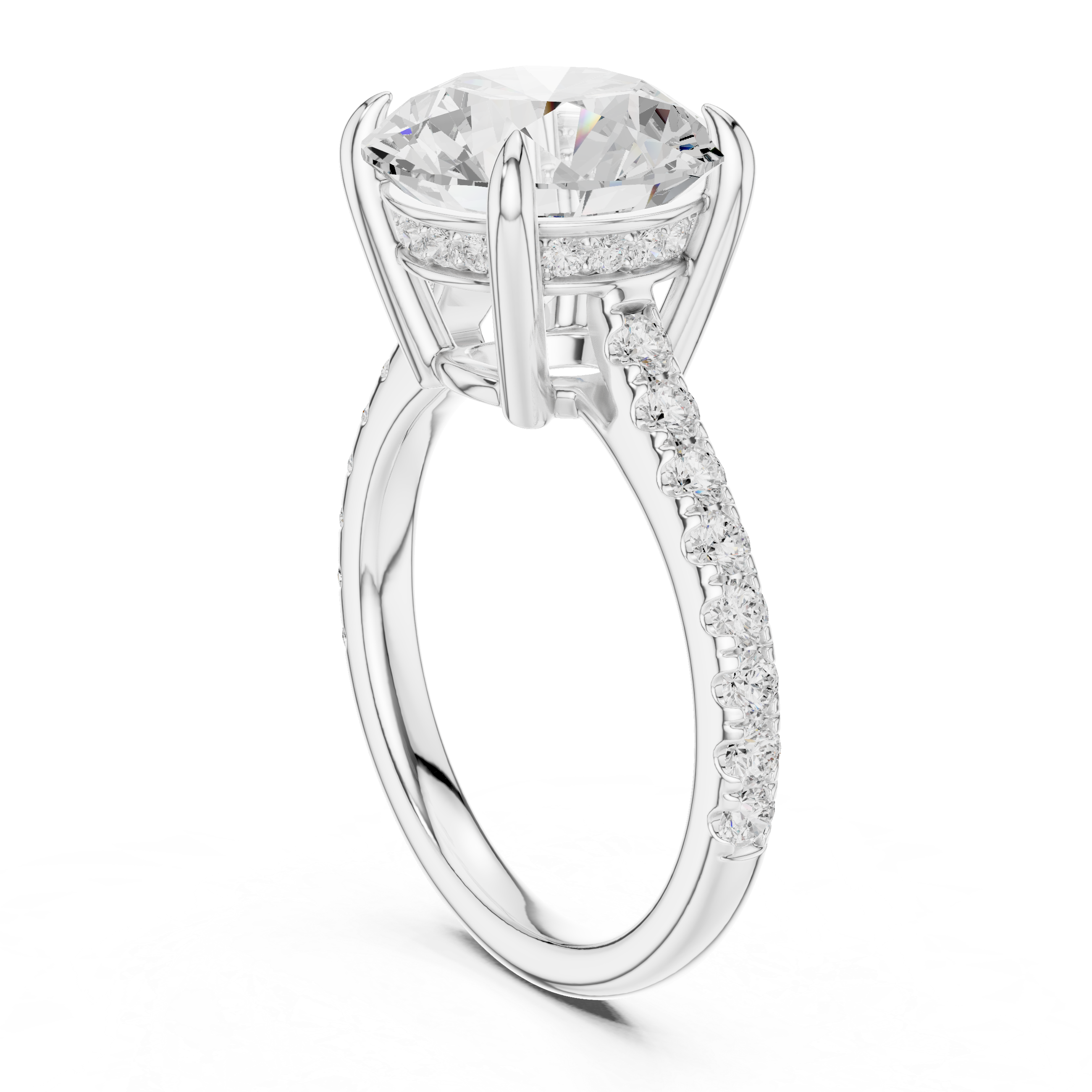 4.58 CT Round Brilliant Diamond Cathedral Engagement Ring with Pavé Diamond Band