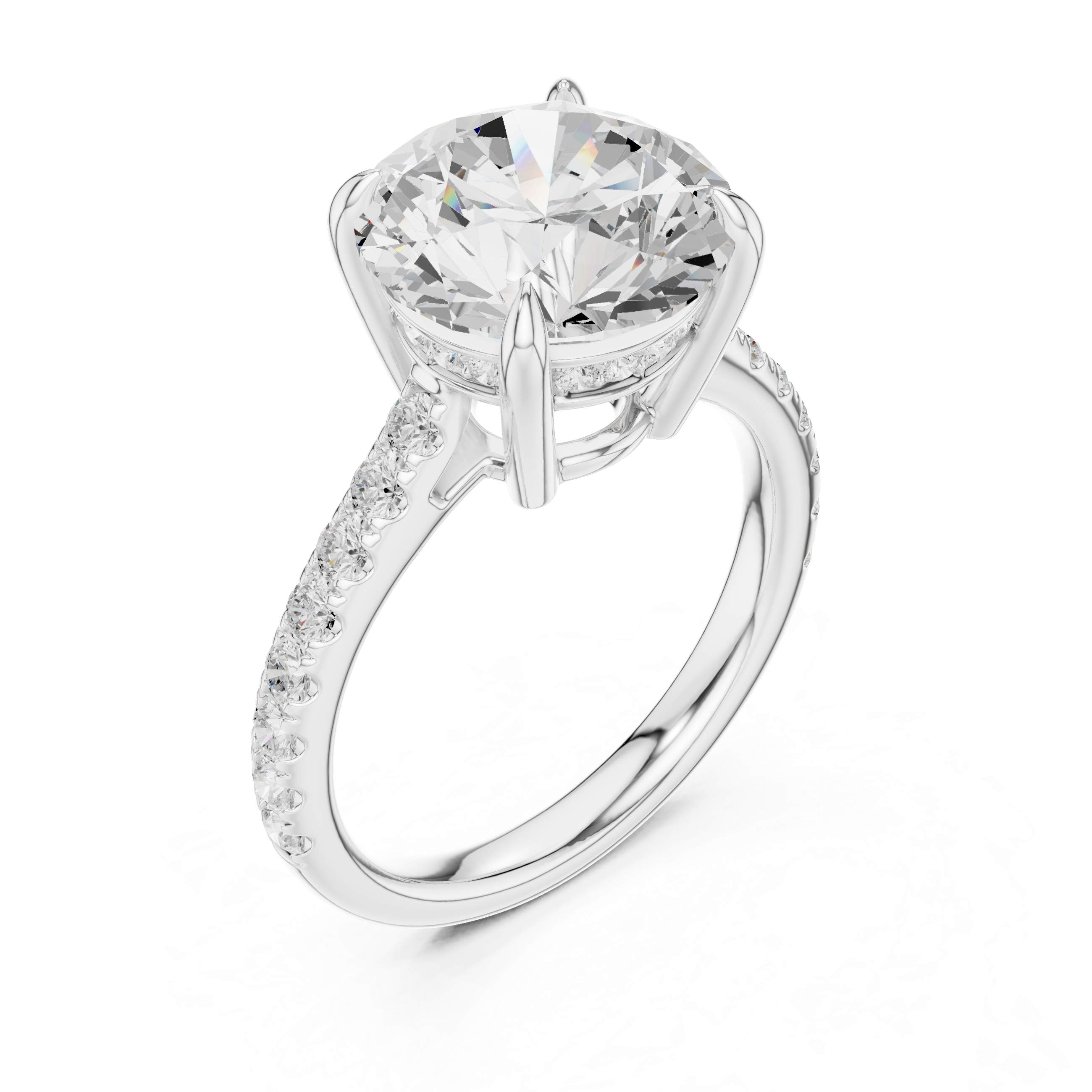 4.58 CT Round Brilliant Diamond Cathedral Engagement Ring with Pavé Diamond Band