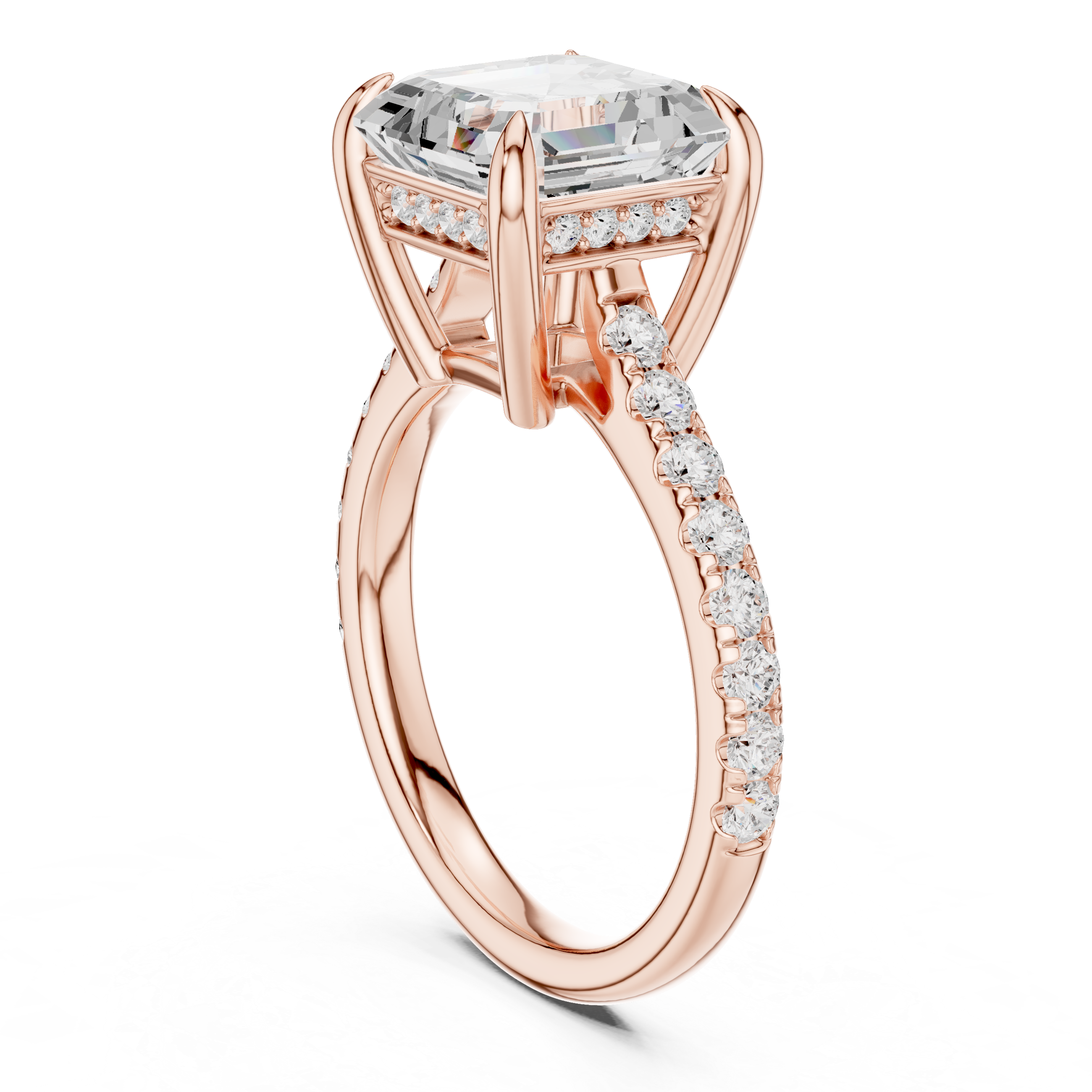 4.36 CT Emerald Cut Diamond Cathedral Engagement Ring with Pavé Diamond Band