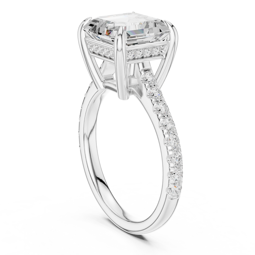 4.36 CT Emerald Cut Diamond Cathedral Engagement Ring with Pavé Diamond Band