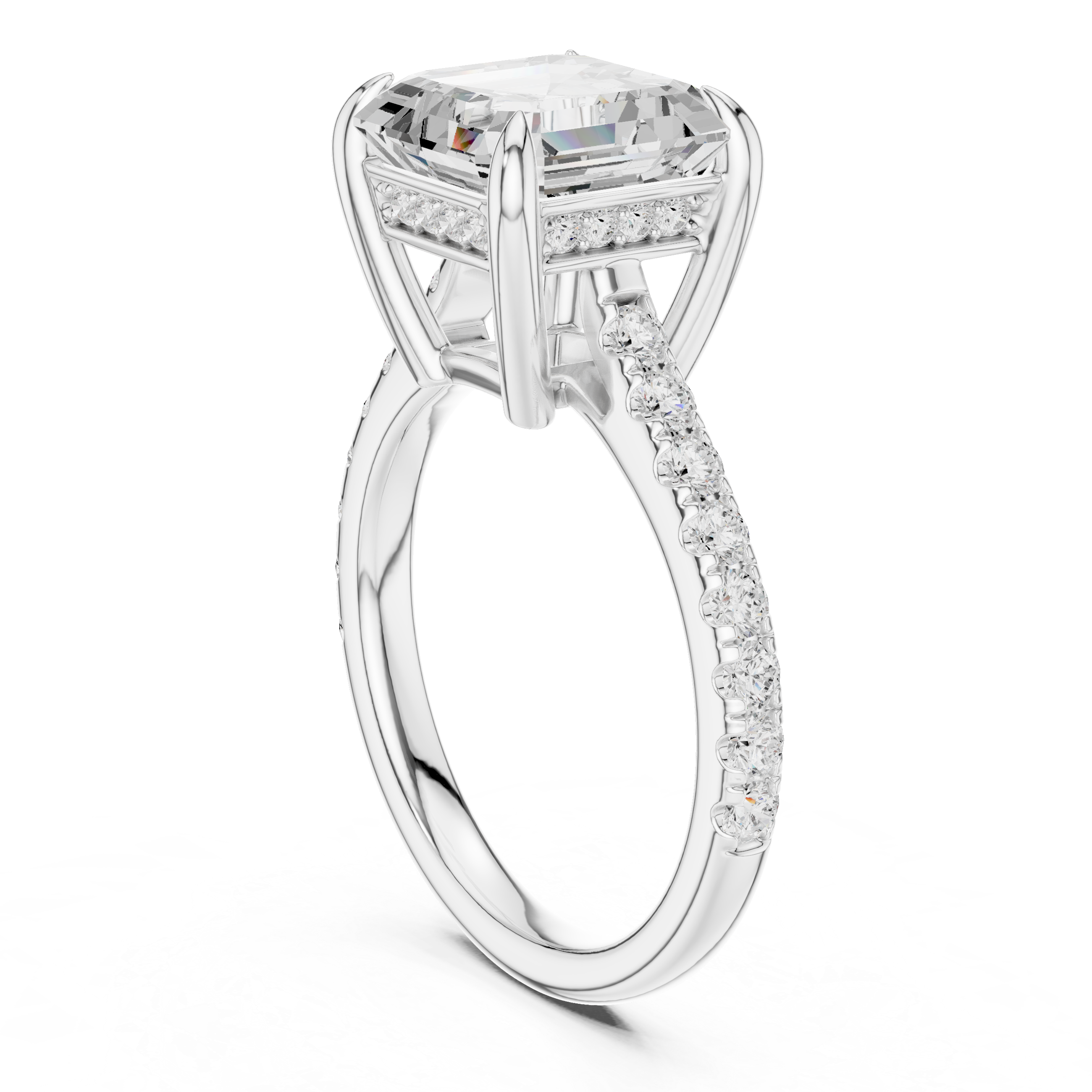 4.36 CT Emerald Cut Diamond Cathedral Engagement Ring with Pavé Diamond Band