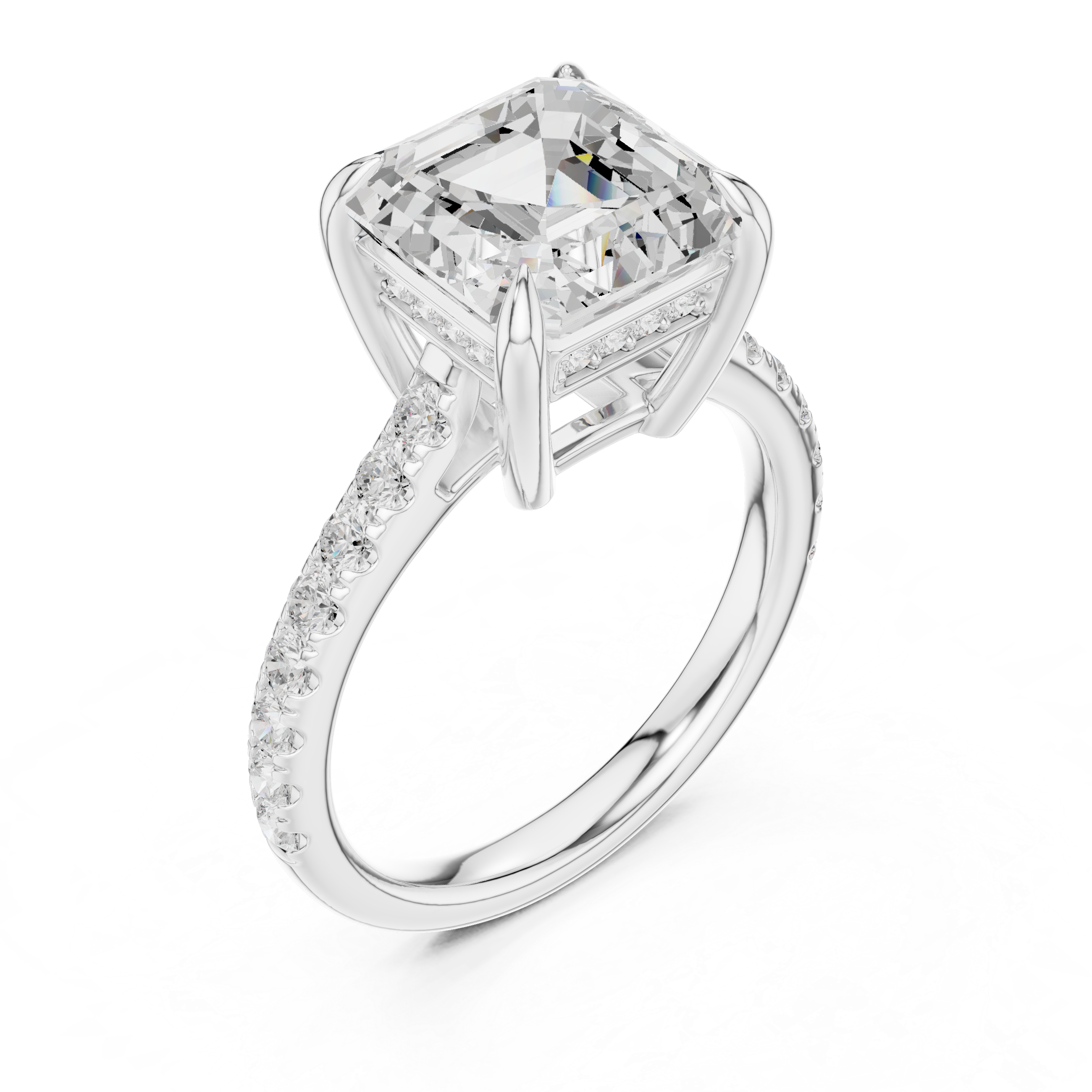 4.36 CT Emerald Cut Diamond Cathedral Engagement Ring with Pavé Diamond Band