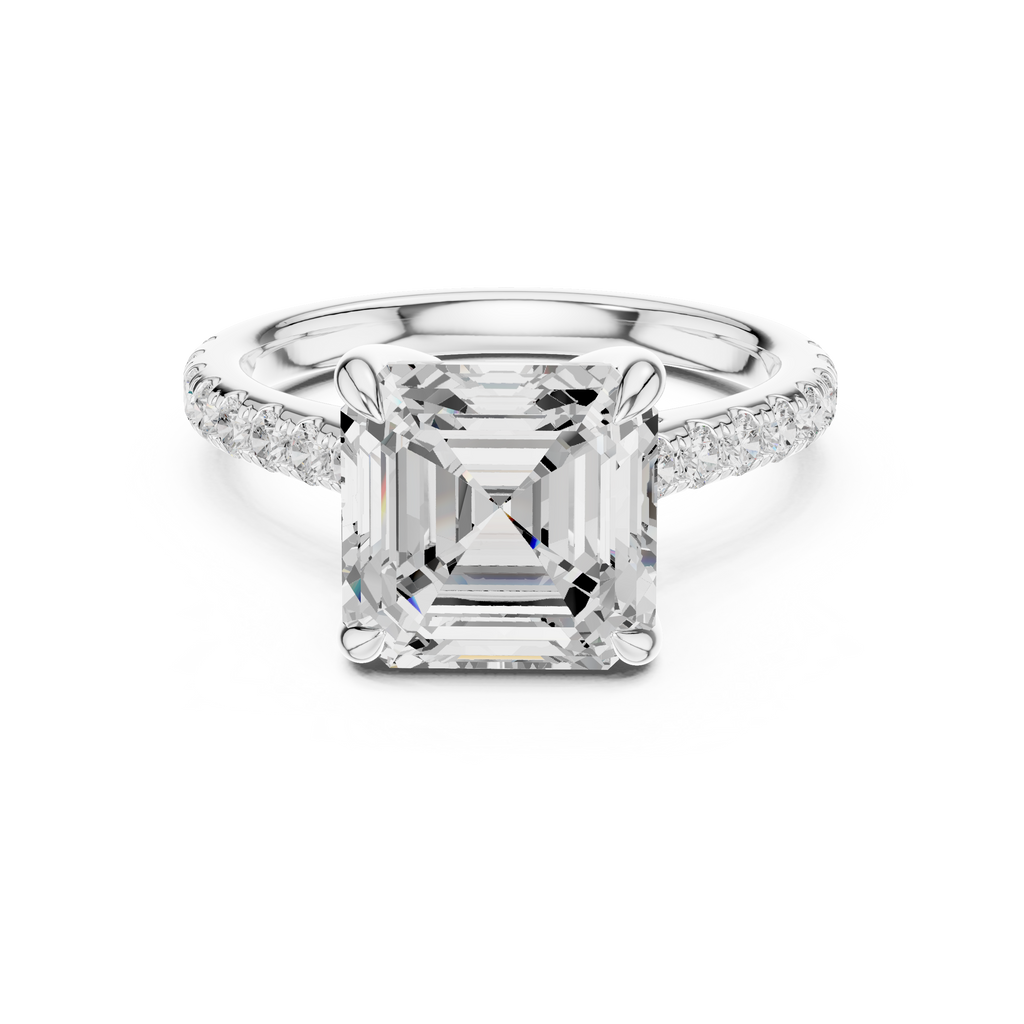 4.36 CT Emerald Cut Diamond Cathedral Engagement Ring with Pavé Diamond Band
