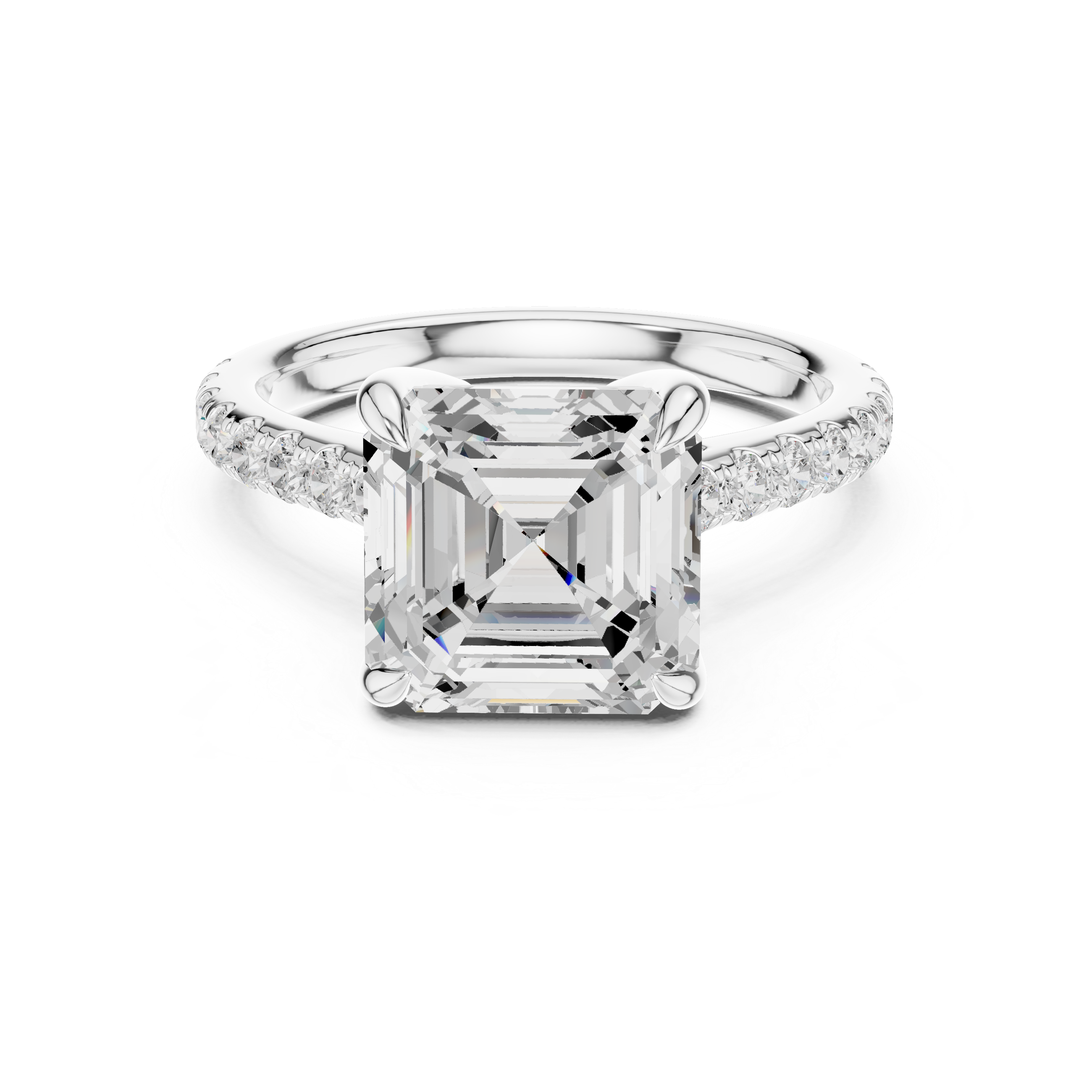 4.36 CT Emerald Cut Diamond Cathedral Engagement Ring with Pavé Diamond Band