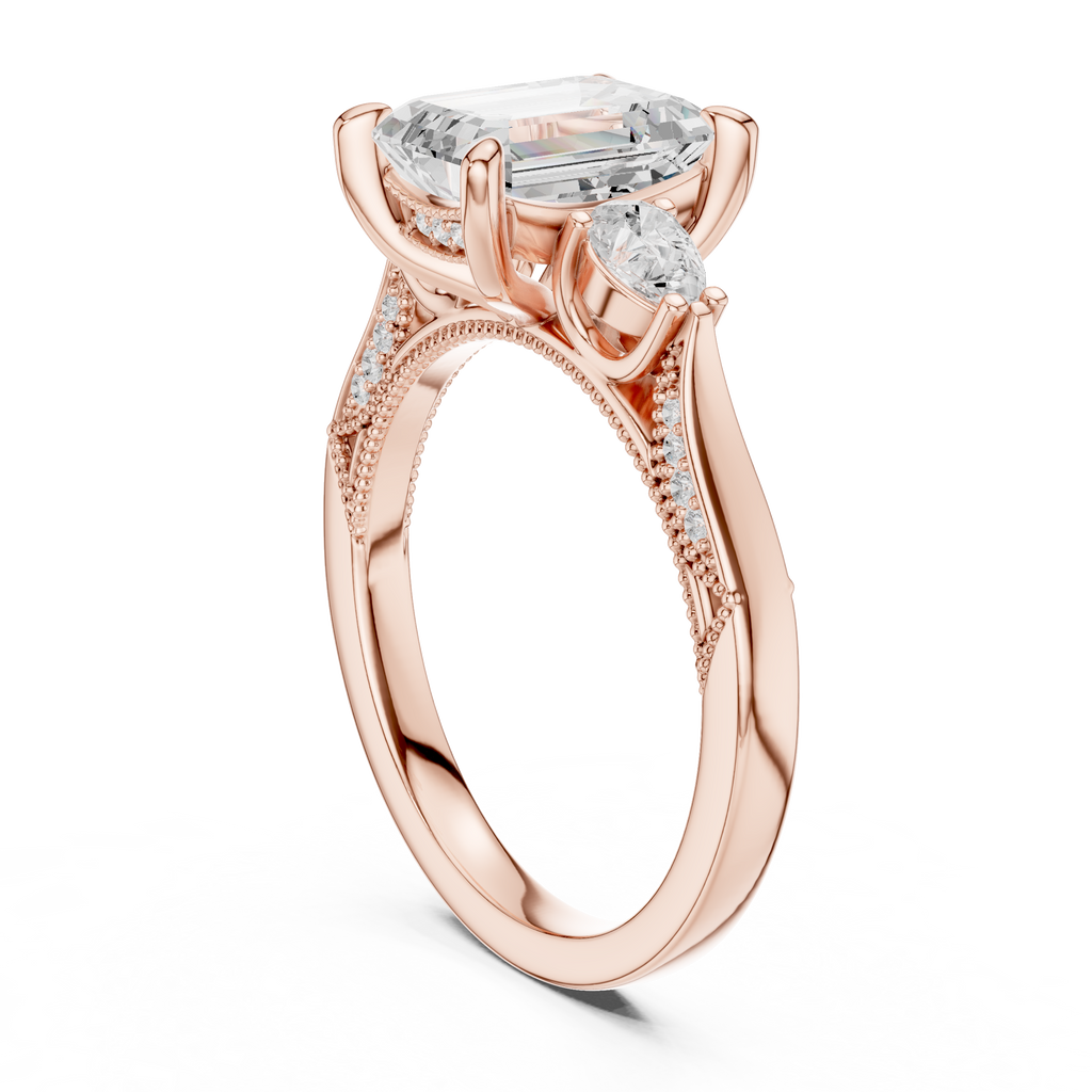 2.48 CT Emerald Cut Three-Stone Cathedral Diamond Engagement Ring